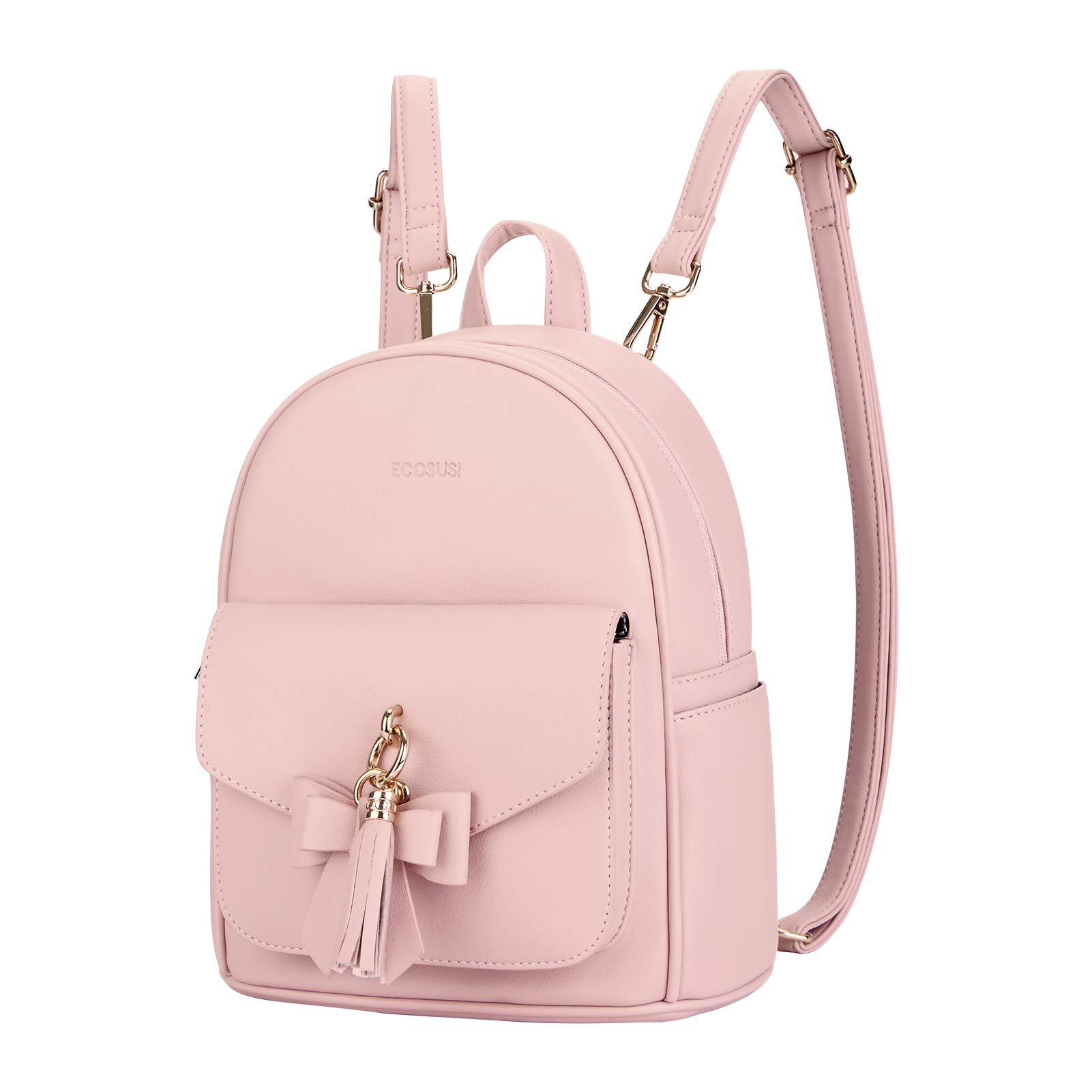 ECOSUSI Women's Mini Backpack Purse, Leather Ladies Shoulder Bag Handbag with Cute Bowknot Charm Tassel for Travel Casual Commute, Girls Bookbag, Light Pink