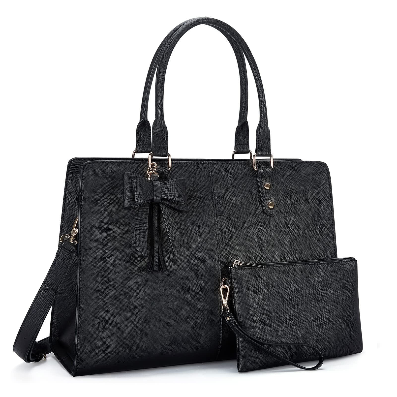 ECOSUSI 2 PCS Set Leather Laptop Tote Bag for Women 15.6 Inch Computer Briefcase Waterproof Handbag Shoulder Bag Purse for Tablet Work Office Business College Daily Travel, Black