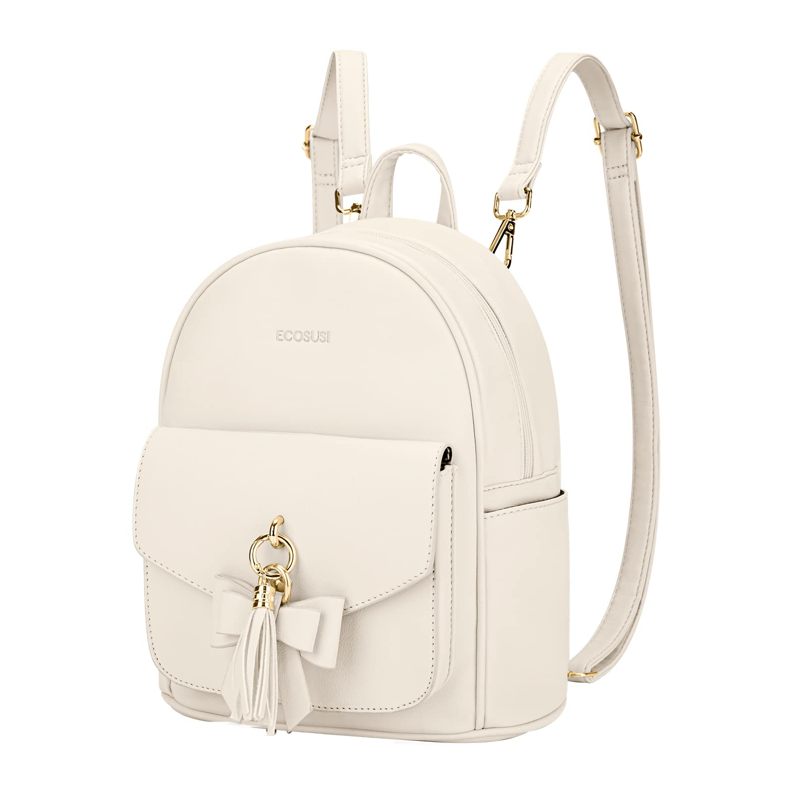 ECOSUSI Women's Mini Backpack Purse, Leather Ladies Shoulder Bag Handbag with Cute Bowknot Charm Tassel for Travel Casual Commute, Girls Bookbag, Cream Color