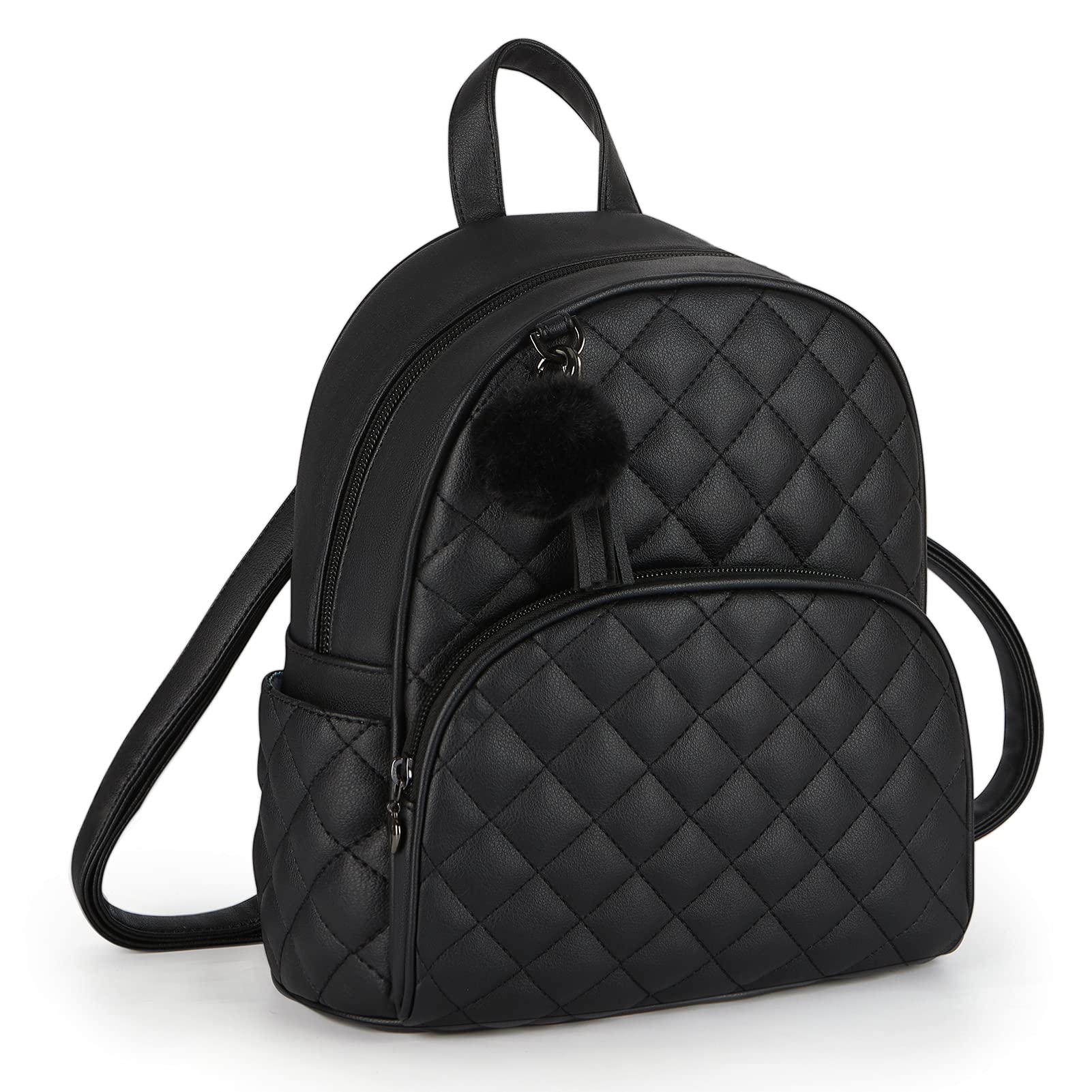 ECOSUSI Mini Backpack Leather Backpack Purse for Women Ladies Shoulder Bag, Fashion Small Mini Handbag with Cute Pom CharmTassel for Travel Casual Commute Bookbag, Girls, Black