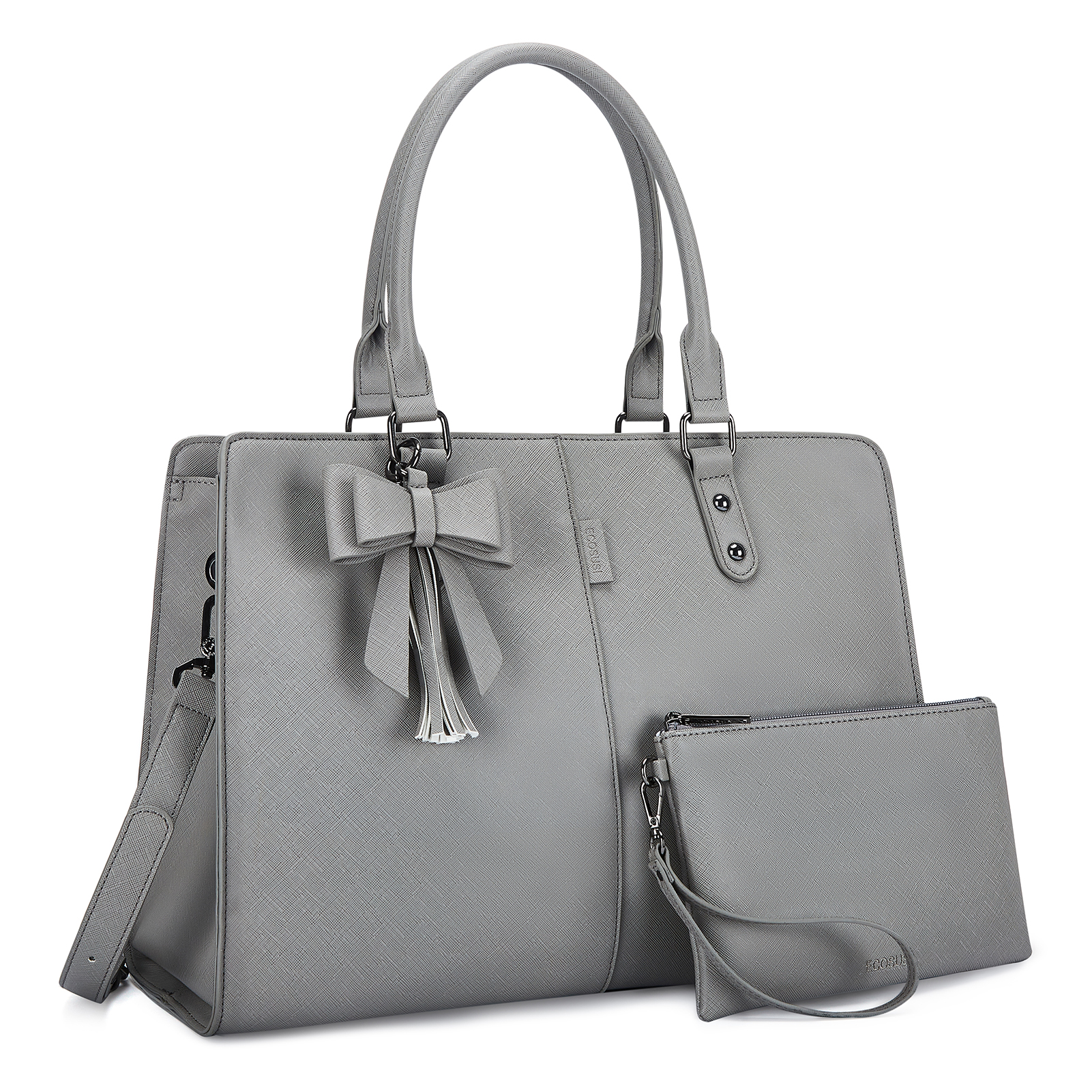 ECOSUSI 2 PCS Set Leather Laptop Tote Bag for Women 15.6 Inch Computer Briefcase Waterproof Handbag Shoulder Bag Purse for Tablet Work Office Business College Daily Travel, Gray