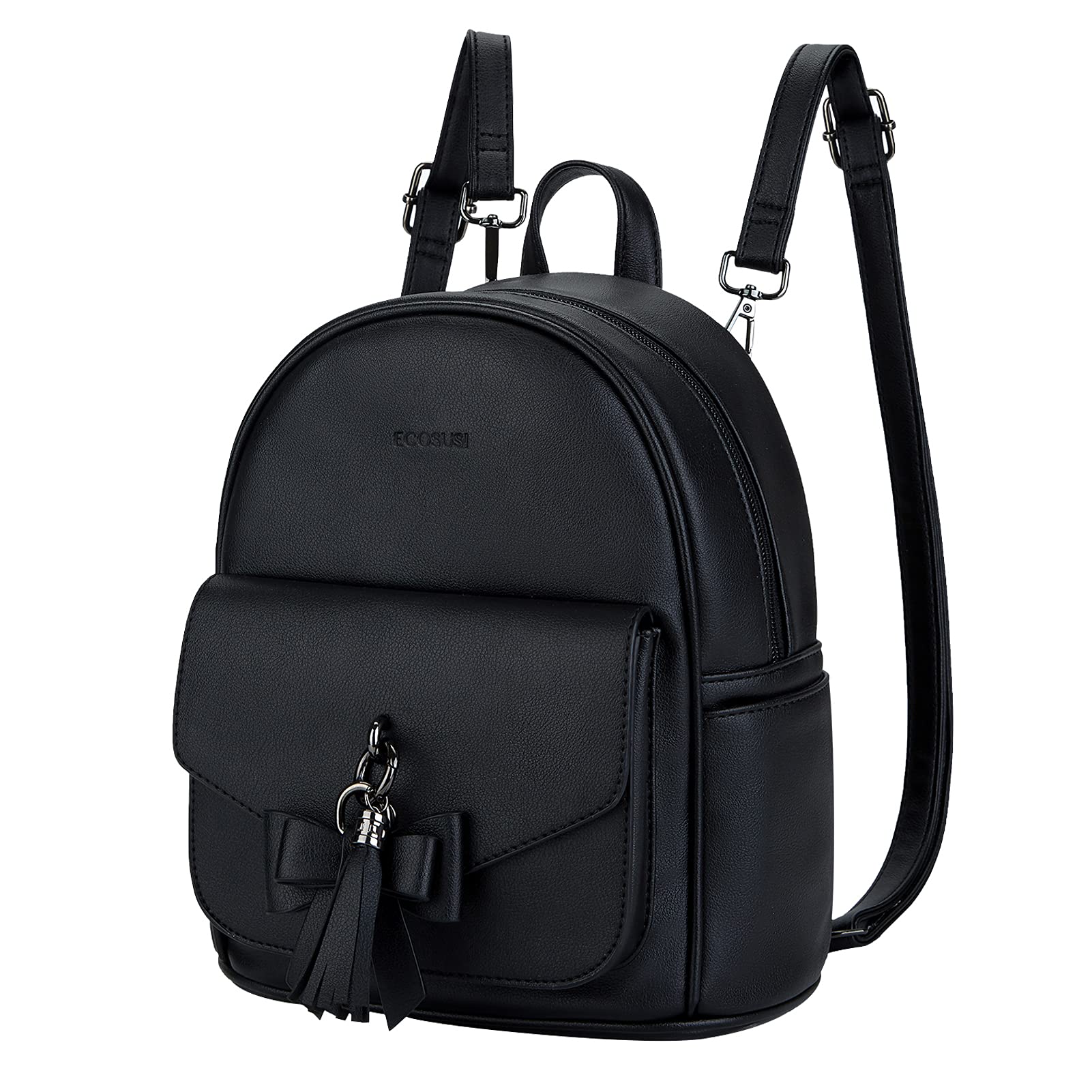 ECOSUSI Women's Mini Backpack Purse, Leather Ladies Shoulder Bag Handbag with Cute Bowknot Charm Tassel for Travel Casual Commute, Girls Bookbag, Black