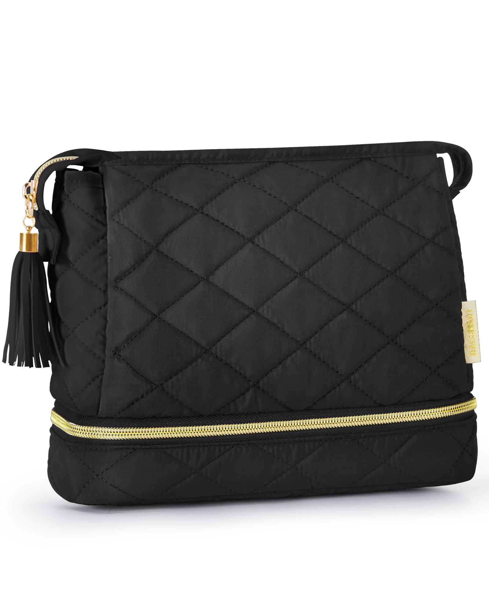 BAGSMART Double Layer Makeup Bag Cosmetic Pouch Large Capacity Travel Toiletry Bag Organizer Case Accessories for Women Girls,  Black