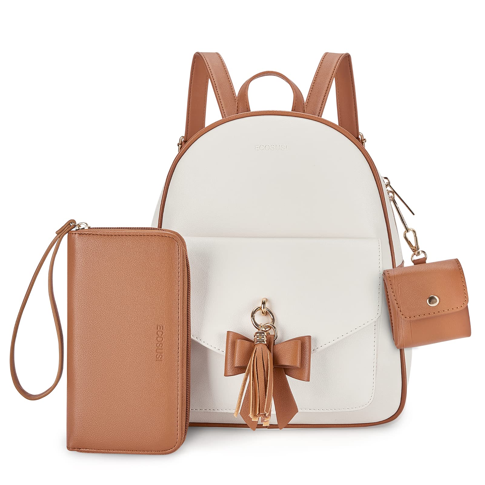 ECOSUSI 3 Pcs Women's Mini Backpack Purse with Pouchs, Leather Fashion Shoulder Bag Handbag with Cute Bowknot Charm Tassel for Travel Casual Commute, Ladies & Girls, Brown&Cream Color