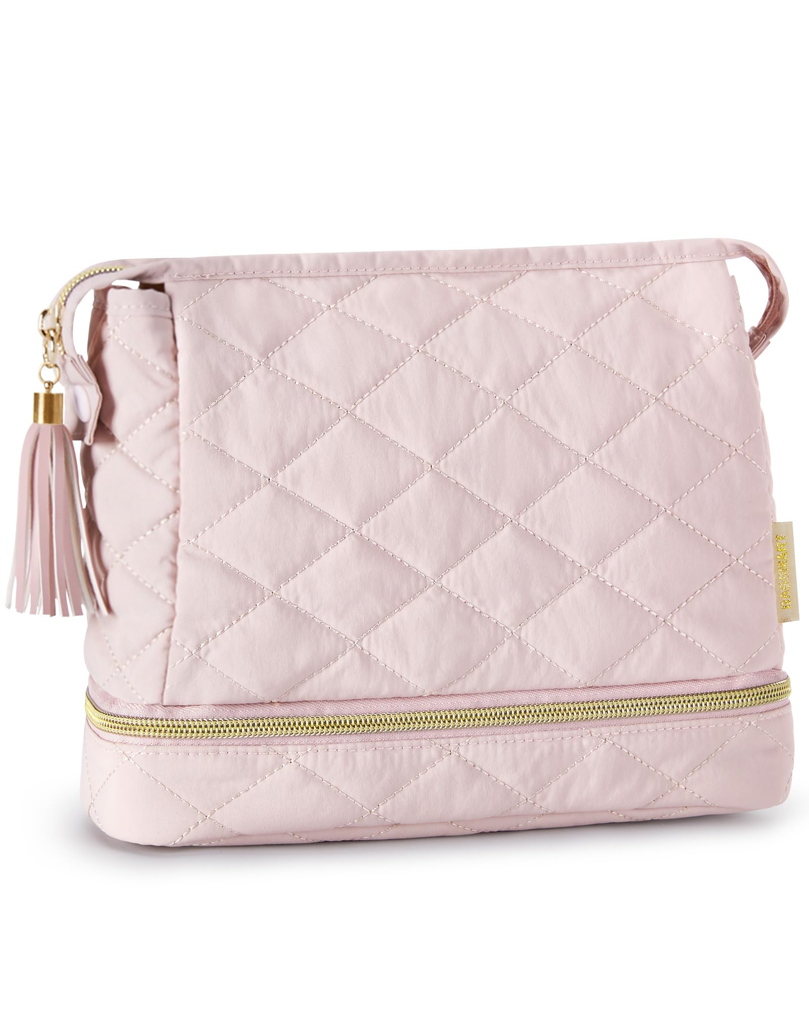 BAGSMART Double Layer Makeup Bag Cosmetic Pouch Large Capacity Travel Toiletry Bag Organizer Case Accessories for Women Girls,  Pink