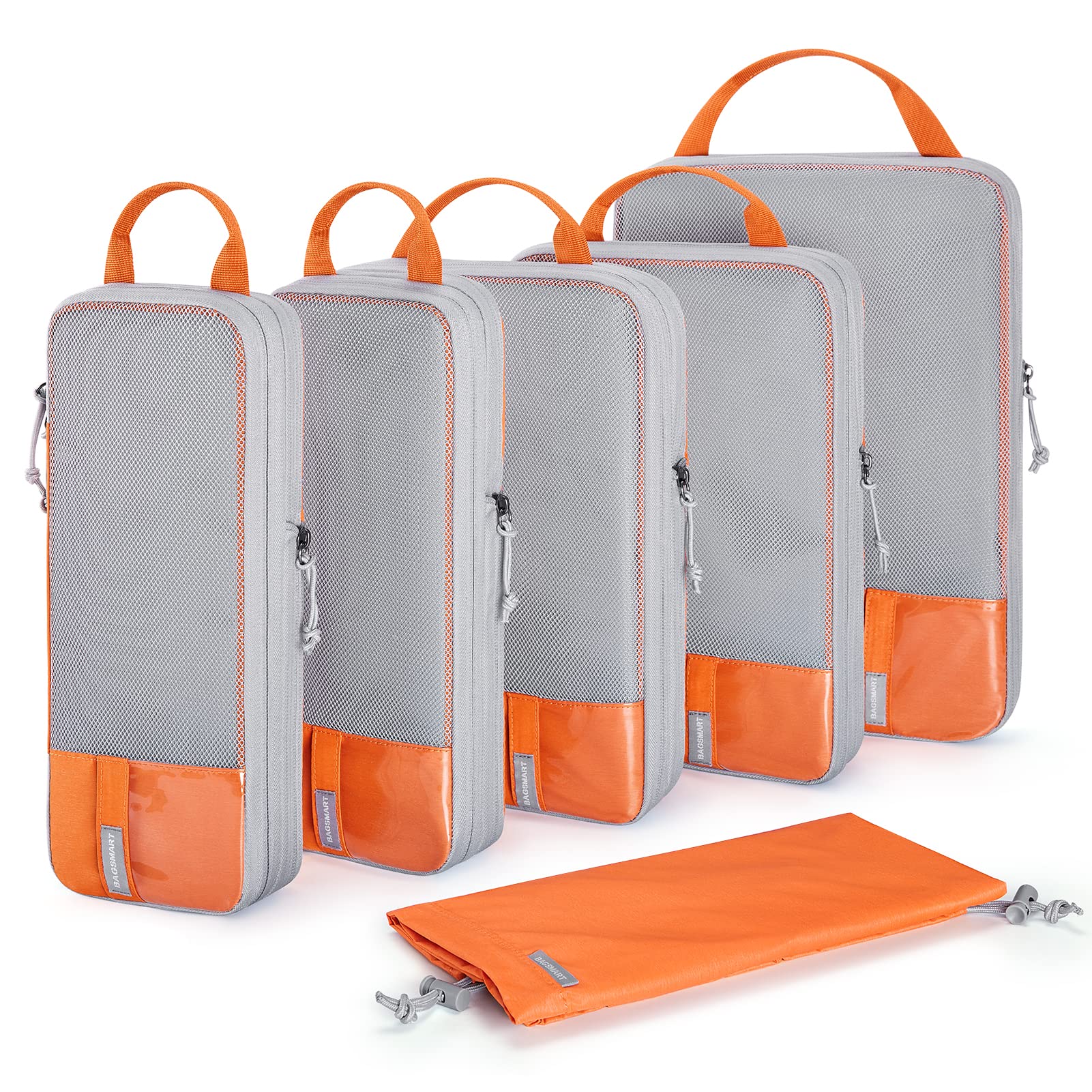 BAGSMART Compression Packing Cubes for Travel Luggage, 6 Pcs Expandable Packing Organizers Foldable Lightweight Suitcase Storage Bags for Travel Accessories, Women Men, Sunset Orange