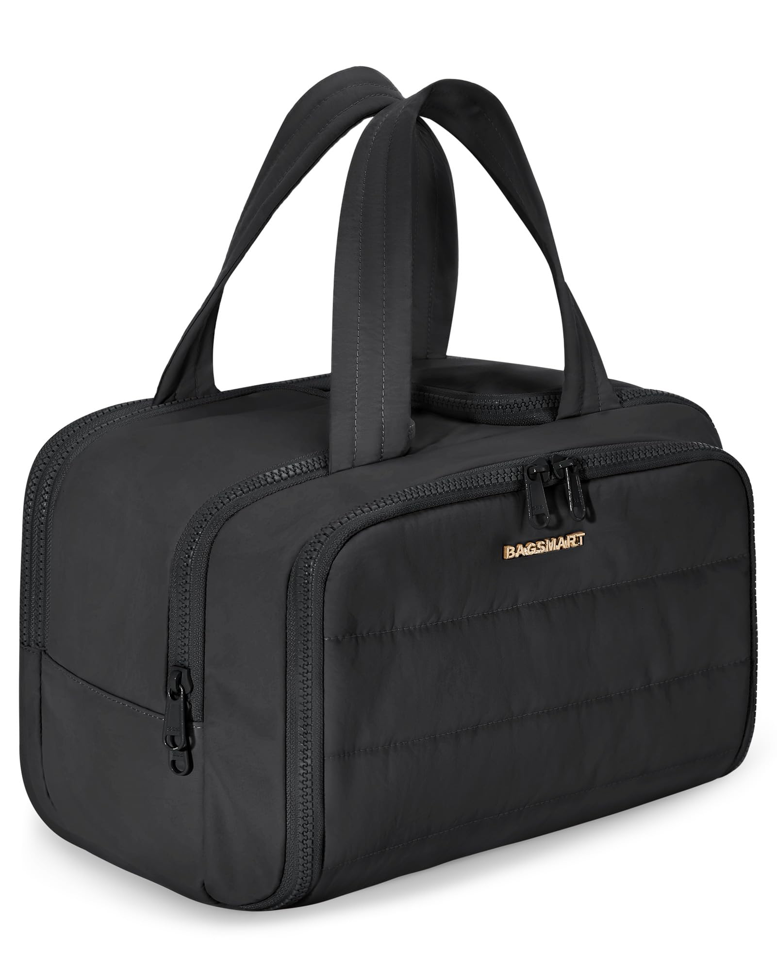 BAGSMART Travel Toiletry Bag, Lightweight Large Wide-open Travel Bag for Women, Puffy Cosmetic Makeup Bag Organizer with Handle for Accessories,Essentials, Toiletries, Black