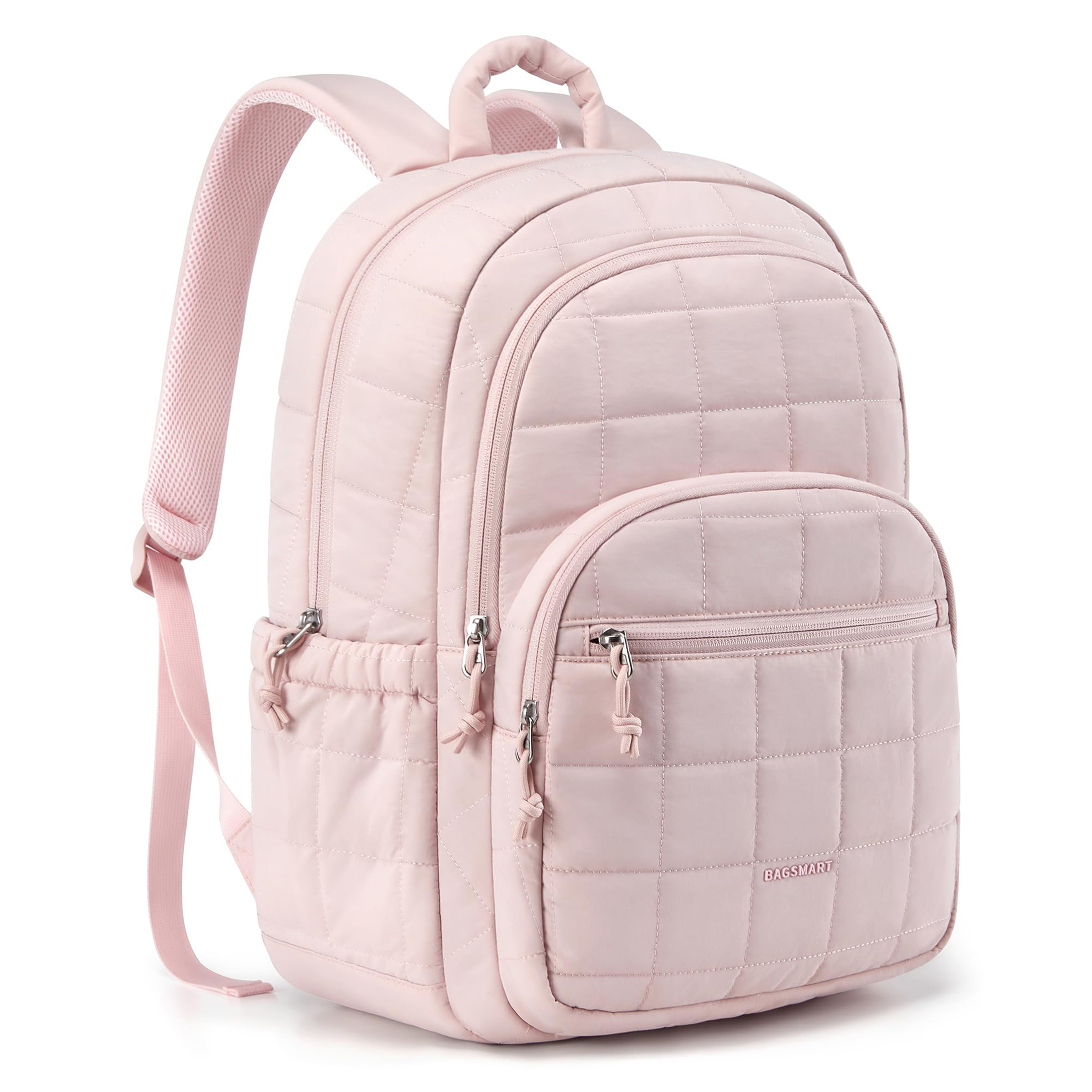 BAGSMART College Laptop Backpack, Travel Laptop Backpack for Women, Quilted Casual Daypack, Water-Resistant Bookbag for 15.6 Inch Laptop, Pink