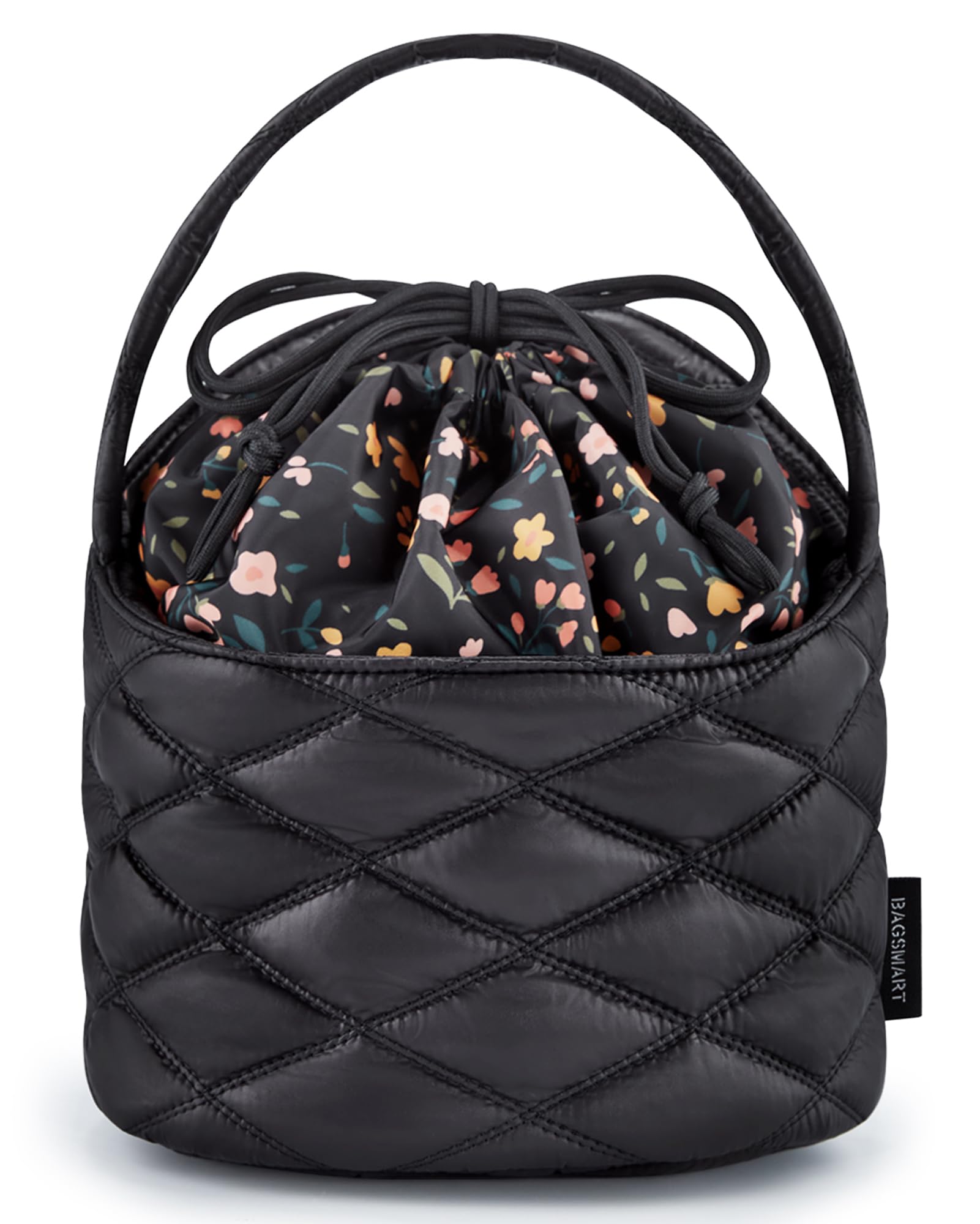 BAGSMART Barrel Drawstring Makeup Bag, Travel Toiletry Bag, Large Cosmetic Bag, Portable Make Up Bags for Women Toiletries Accessories Brush, Black