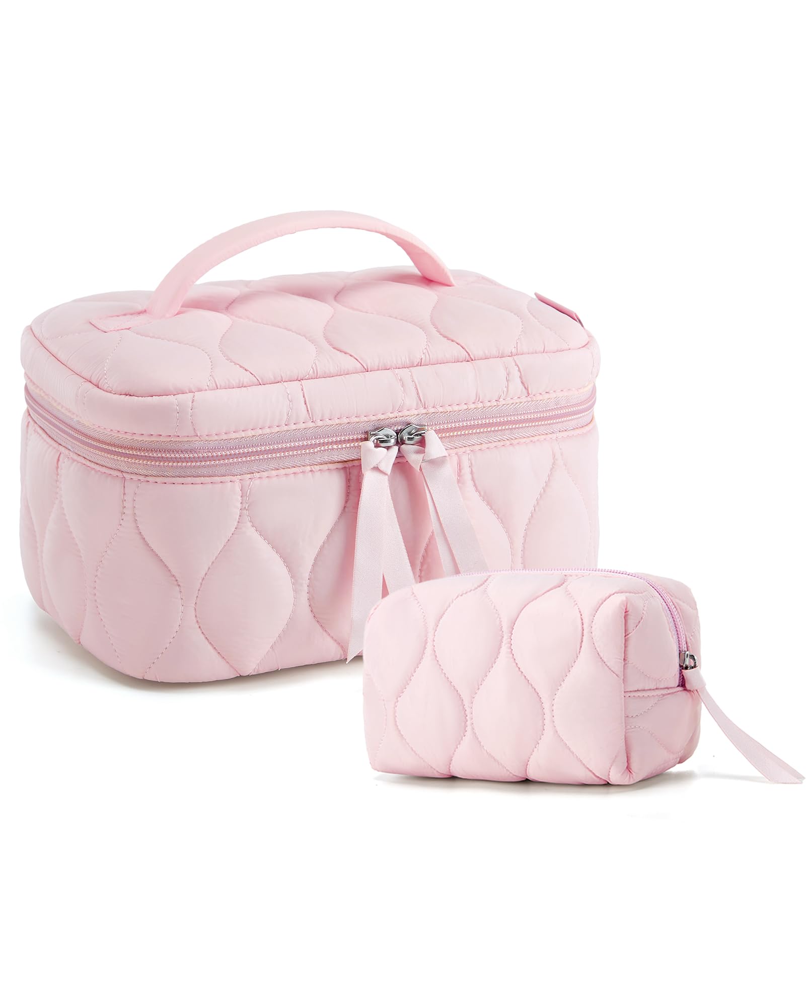 BAGSMART Travel Makeup Bag, 2-Piece Puffy Quilted Cute Make Up Bag Cosmetic Bags for Women, Large Wide-Open Toiletry Pouch Gifts for Toiletries Accessories Travelling Essentials, Pink