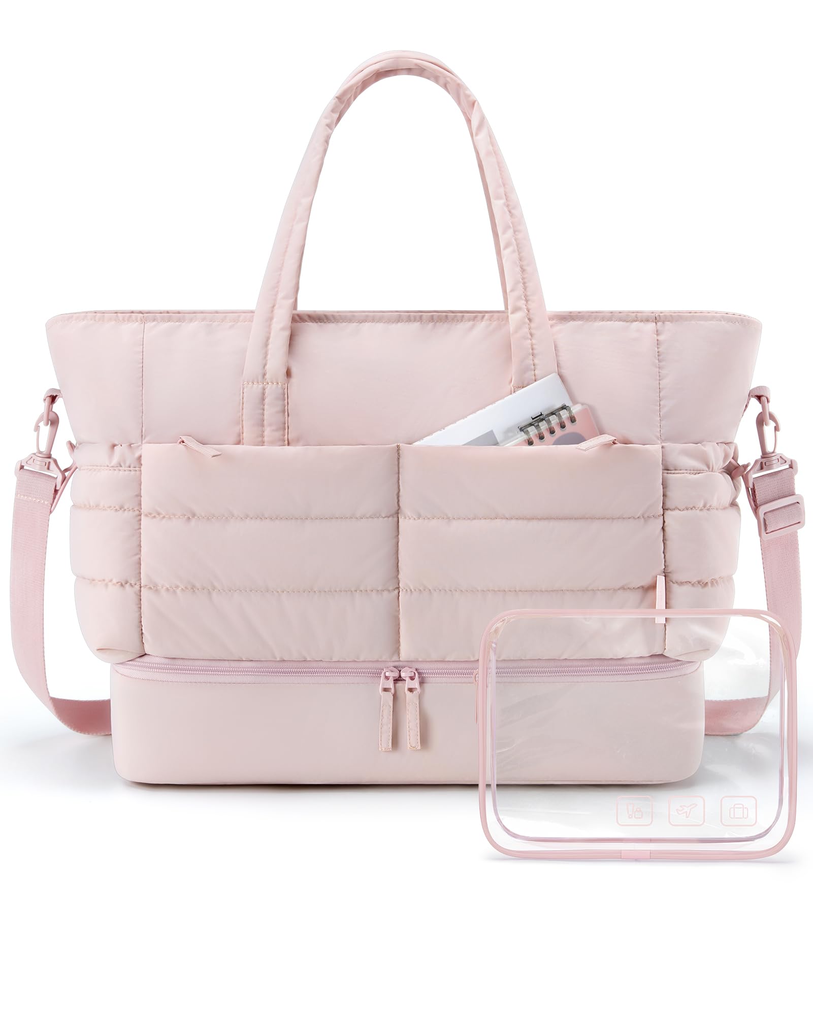 BAGSMART Puffer Travel Duffel Bag, 38L Gym Bag for Women with Shoe Compartment, Large Weekender Bags for Women, Workout Overnight Carry on Duffle Bag for Travel, Pink