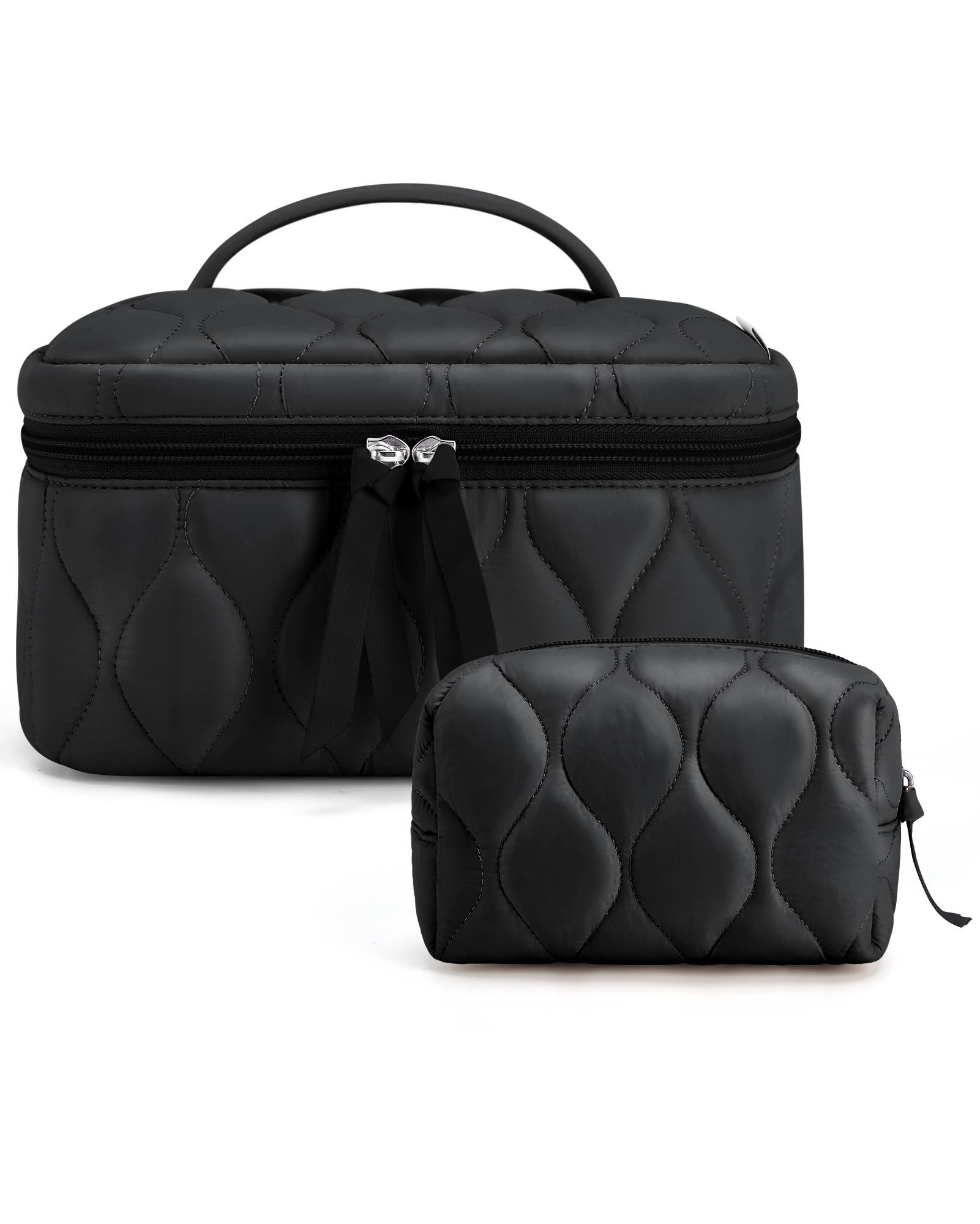 BAGSMART Travel Makeup Bag, 2-Piece Puffy Quilted Cute Make Up Bag Cosmetic Bags for Women, Large Wide-Open Toiletry Pouch Gifts for Toiletries Accessories Travelling Essentials, Black