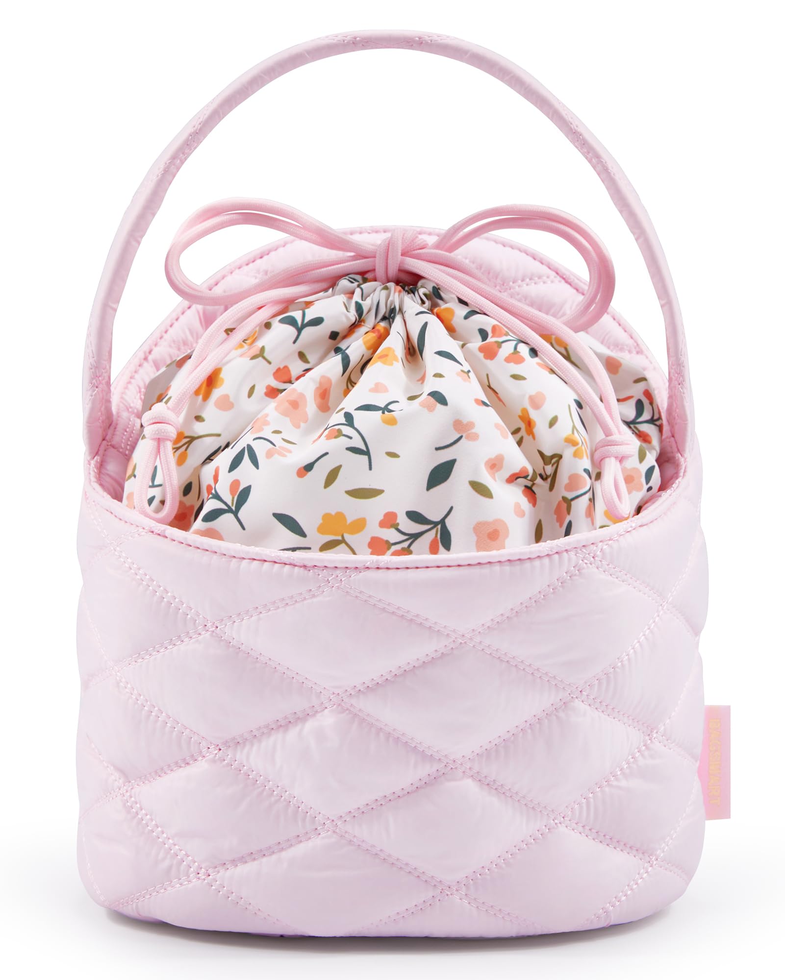 BAGSMART Barrel Drawstring Makeup Bag, Travel Toiletry Bag, Large Cosmetic Bag, Portable Make Up Bags for Women Toiletries Accessories Brush, Pink