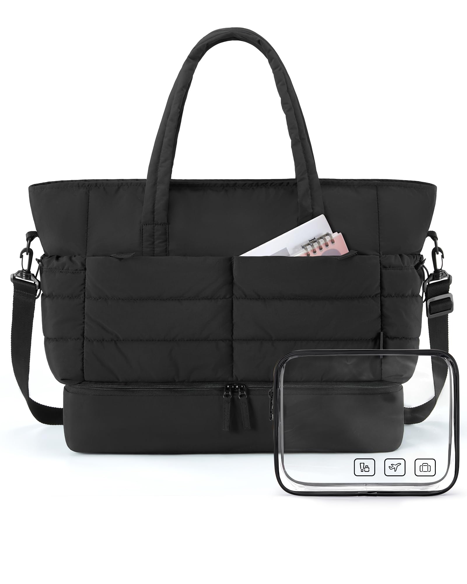 BAGSMART Puffer Travel Duffel Bag, 38L Gym Bag for Women with Shoe Compartment, Large Weekender Bags for Women, Workout Overnight Carry on Duffle Bag for Travel, Black