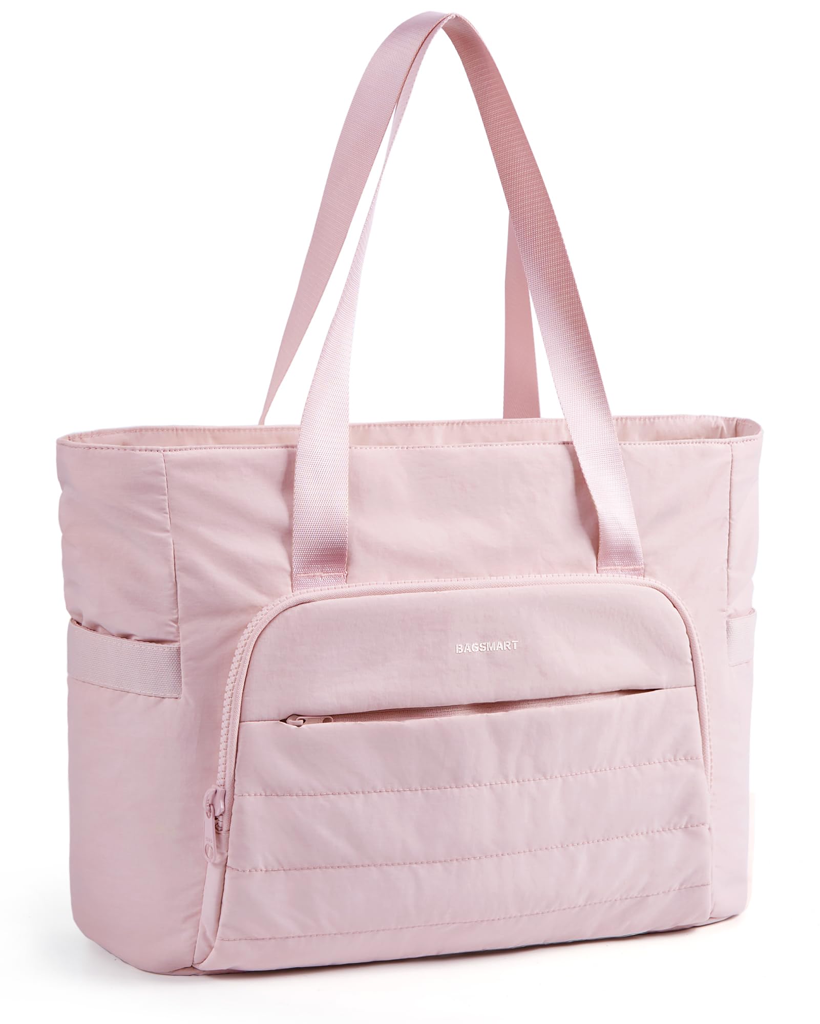 BAGSMART Tote Bag for Women, Lightweight Large Tote Bag with Yoga Mat Strap, Quilted Shoulder Bag Handbag for Travel Work Gym, Pink