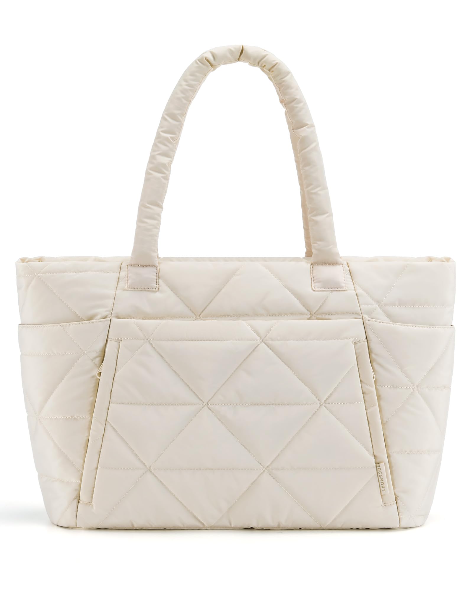 BAGSMART Tote Bag for Women, Puffy Tote Bag with Zipper, Large Quilted Shoulder Bag with Compartments for Travel, Work, Gym, Cream