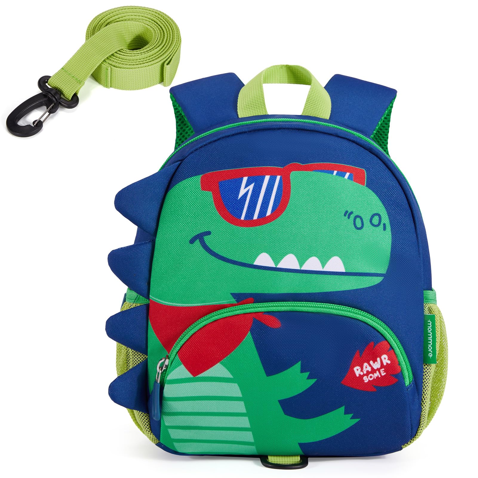 MOMMORE Toddler Backpack for Boys 2-4, 3D Cartoon Mini Kids Backpack, Small Baby Backpack with Toddler Leash, Chest Buckle, Water-Resistant Pre-K School Bag, Dinosaur