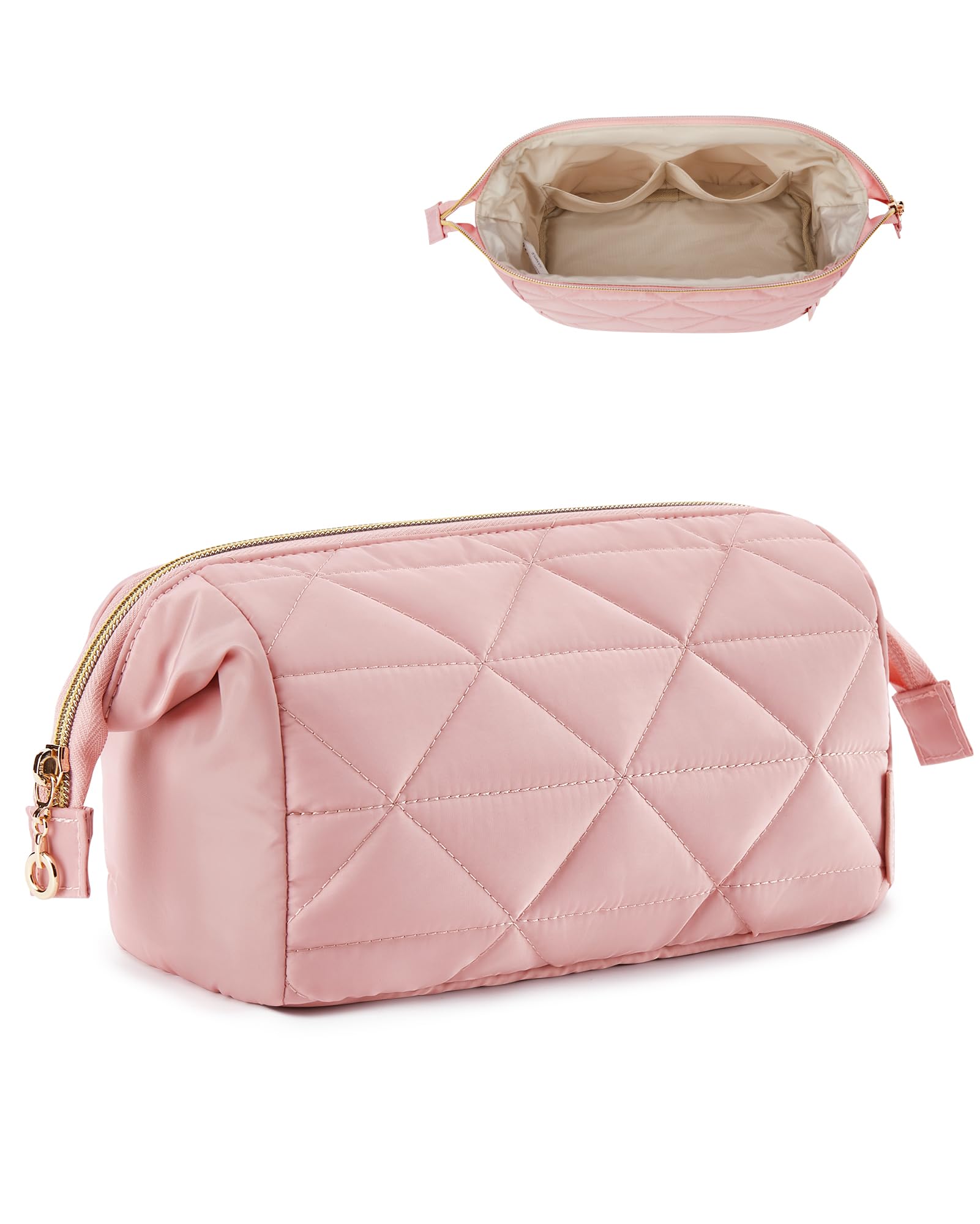 BAGSMART Makeup Bag Travel Cosmetic Bag, Puffy Padded Make Up Bags for Women Makeup Organizer Case, Wide-open Pouch Purse Travel Essentials Toiletries Accessories Brushes, Pink