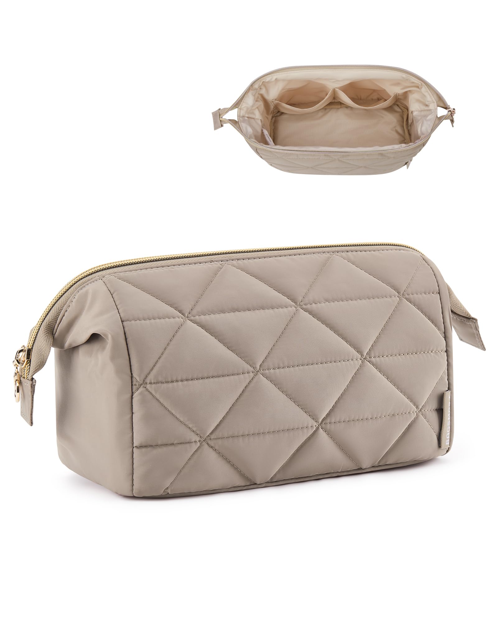 BAGSMART Makeup Bag Travel Cosmetic Bag, Puffy Padded Make Up Bags for Women Makeup Organizer Case, Wide-open Pouch Purse Travel Essentials Toiletries Accessories Brushes, Camel