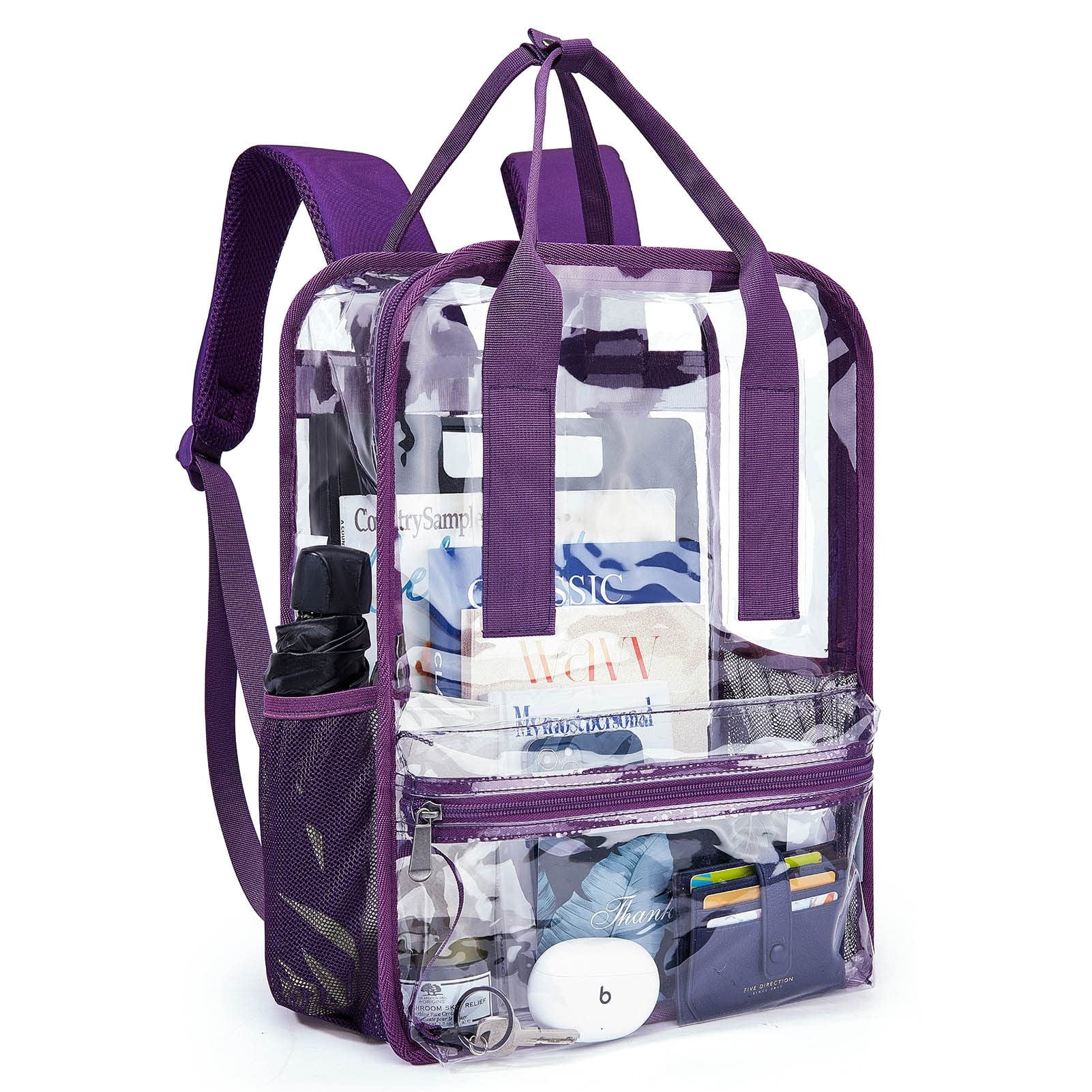 Mommore Clear Backpack Heavy Duty Transparent backpacks with Widened Handle Thick PVC See-Through Bookbags for School, Work, Purple