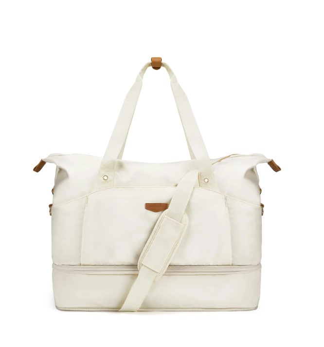 Missnine Expandable Weekender Bag for Women, Travel Duffel Bag, 50L Carry on Overnight Bag with Shoes Compartment for Travel, Gym, Labor and Delivery, Mom Hospital Bags, Cream