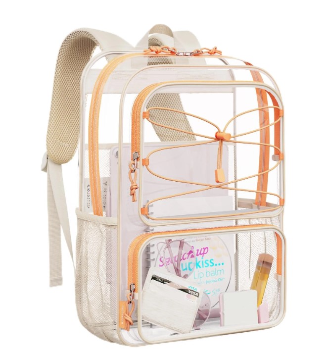 Mommore Clear Backpack Heavy Duty Thick PVC Transparent Backpack Clear Bookbag for School Large See Through Backpacks, Cream