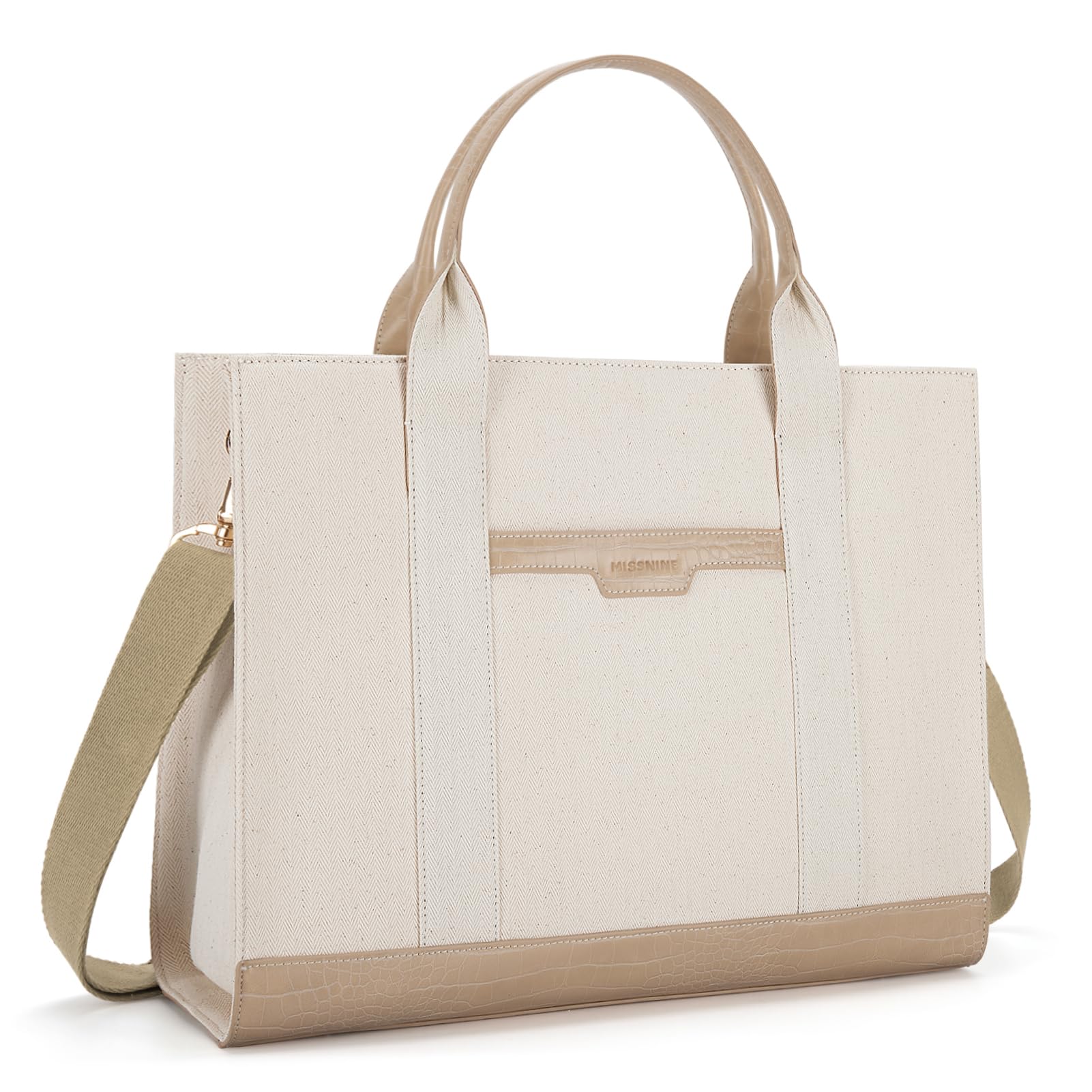 MISSNINE Tote Bag Canvas Laptop Bag 15.6 inch Briefcase for Women Large Capacity Handbag for Office, School, Travel, Classic Light Khaki