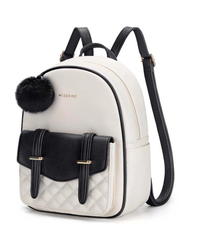 Missnine Mini Backpack for Women Cute Small Backpack Purse With Pompom PU Leather Bookbag Small Casual Daypacks For Ladies, Black&Cream Color