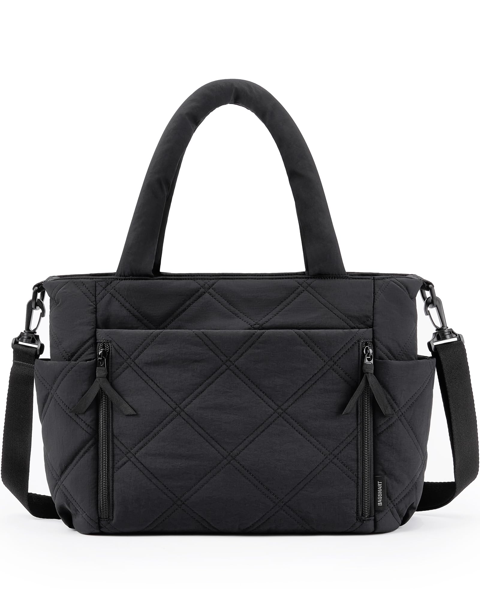 BAGSMART Tote Bag for Women, Puffer Tote Bag with Zipper, Crossbody Bag for Women, Quilted Tote Bag with Compartments, Black