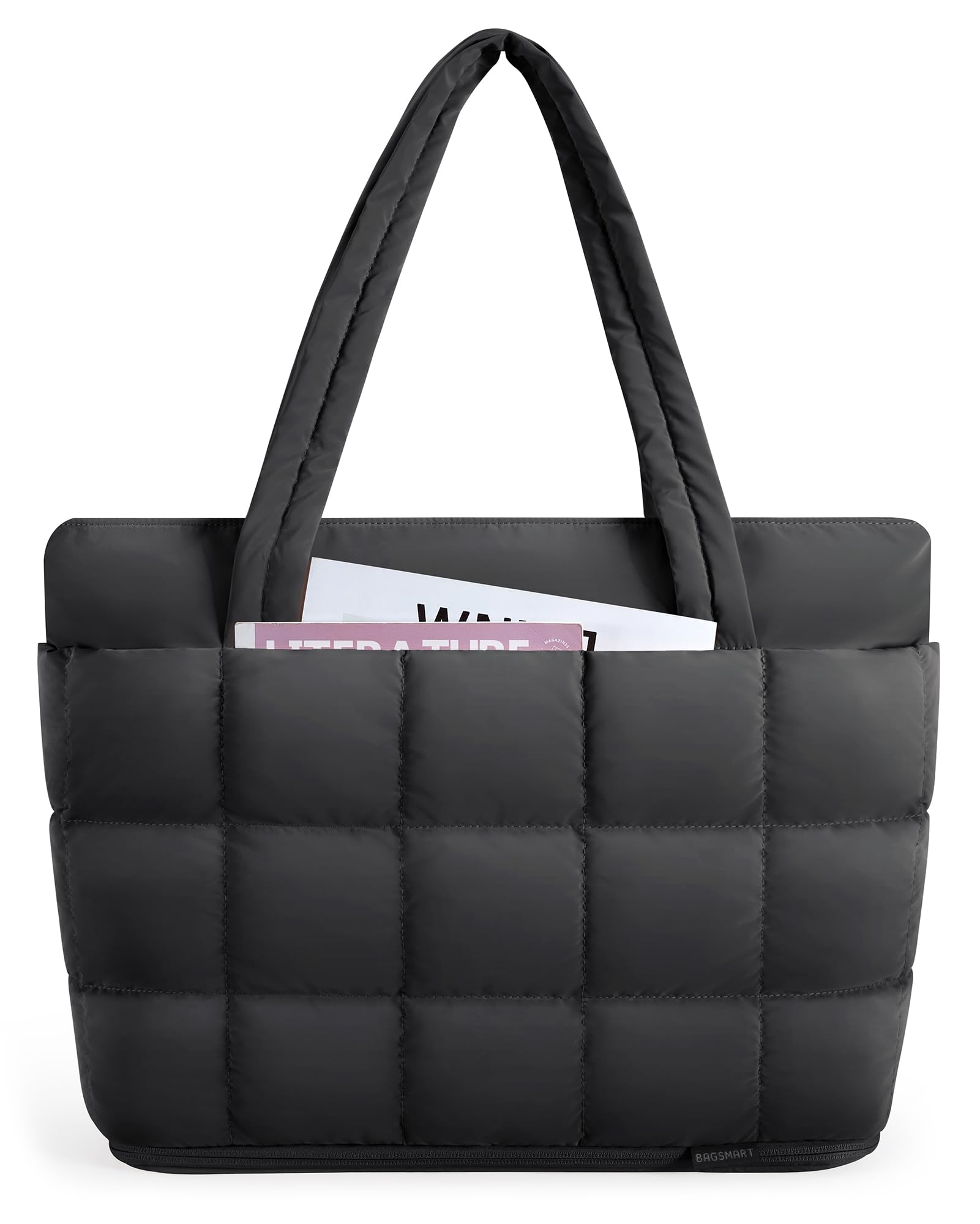 BAGSMART Expandable Tote Bag for Women, Puffer Small tote bag with Zipper, Travel Tote Bags Casual Handbags Nurse Bag, Black