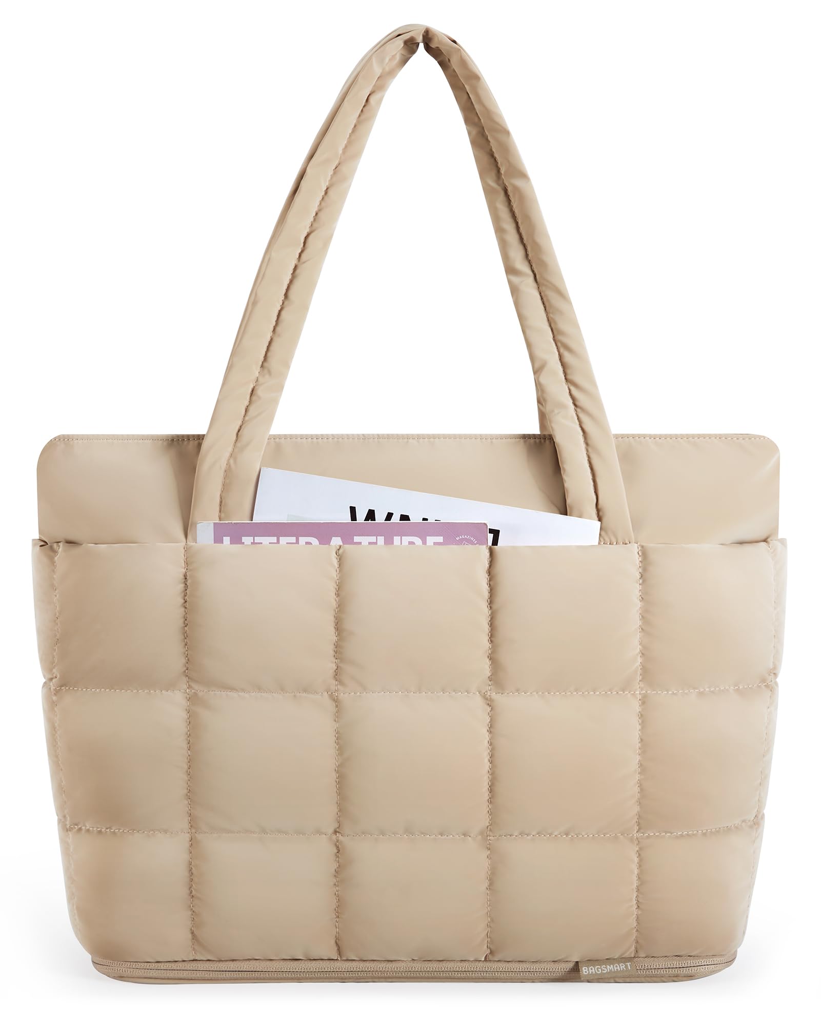 BAGSMART Expandable Tote Bag for Women, Puffer Small tote bag with Zipper, Travel Tote Bags Casual Handbags Nurse Bag, Camel