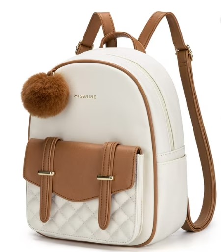 Missnine Mini Backpack for Women Cute Small Backpack Purse With Pompom PU Leather Bookbag Small Casual Daypacks For Ladies, Brown&Cream Color