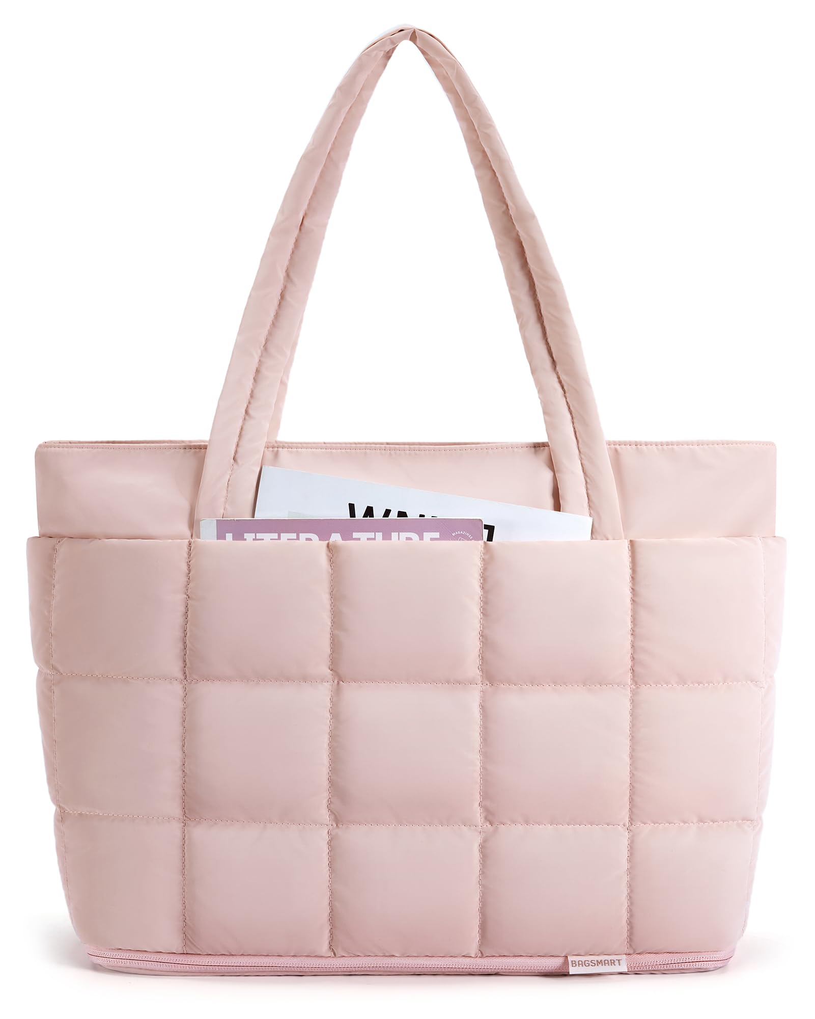 BAGSMART Expandable Tote Bag for Women, Puffer Small tote bag with Zipper, Travel Tote Bags Casual Handbags Nurse Bag, Pink