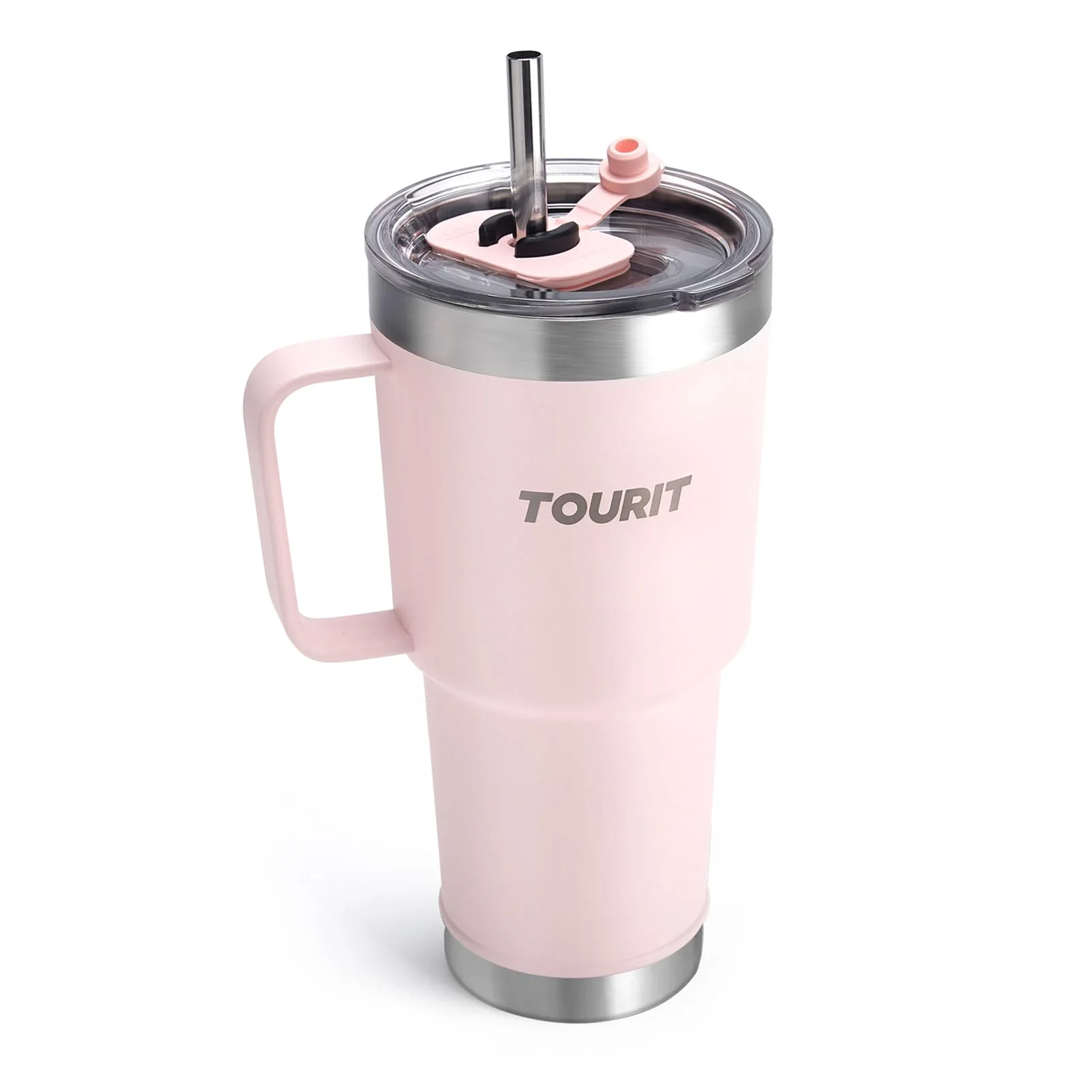 TOURIT Double Wall Vacuum Stainless Steel Insulated Tumbler 30 fl oz, Reusable Travel Mug Coffee Cups with 3 Way Lid, Straw & Handle, Water Bottle Sport for 34Hs Cold & 10Hs Hot, Women Men, Pink