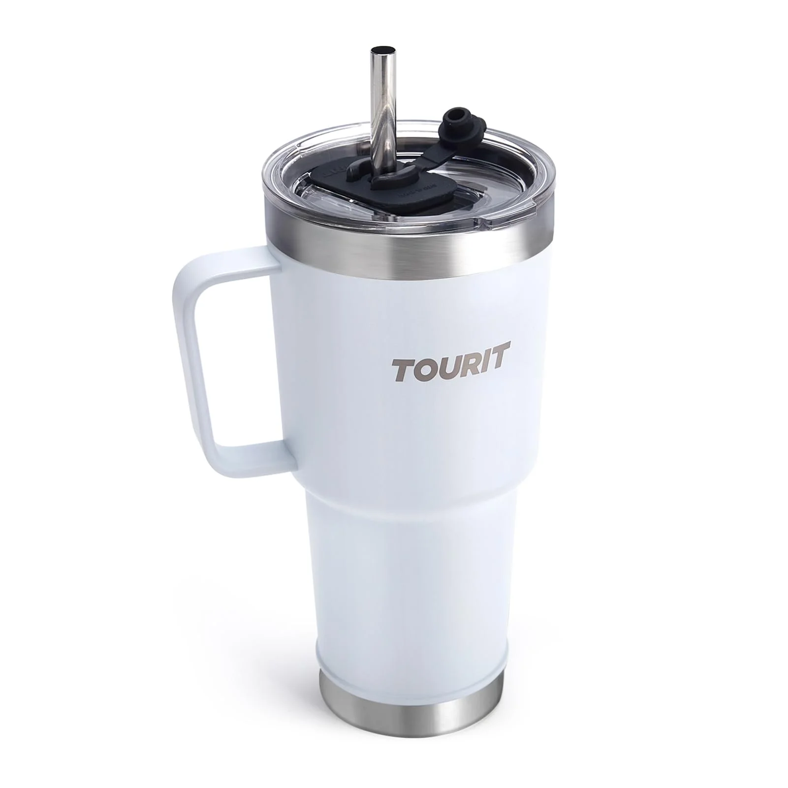 TOURIT Double Wall Vacuum Stainless Steel Insulated Tumbler 30 fl oz, Reusable Travel Mug Coffee Cups with 3 Way Lid, Straw & Handle, Water Bottle Sport for 34Hs Cold & 10Hs Hot, Women Men, White