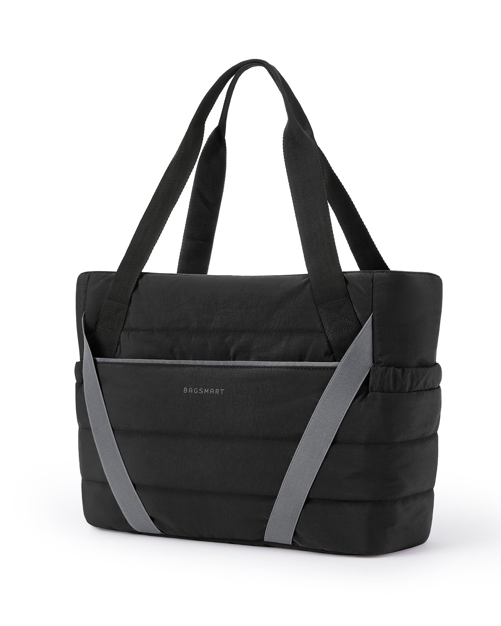BAGSMART Tote Bag for Women with Zipper, Quilted Tote Bag Gym Tote with Yoga Mat Straps for Travel Sport, Black