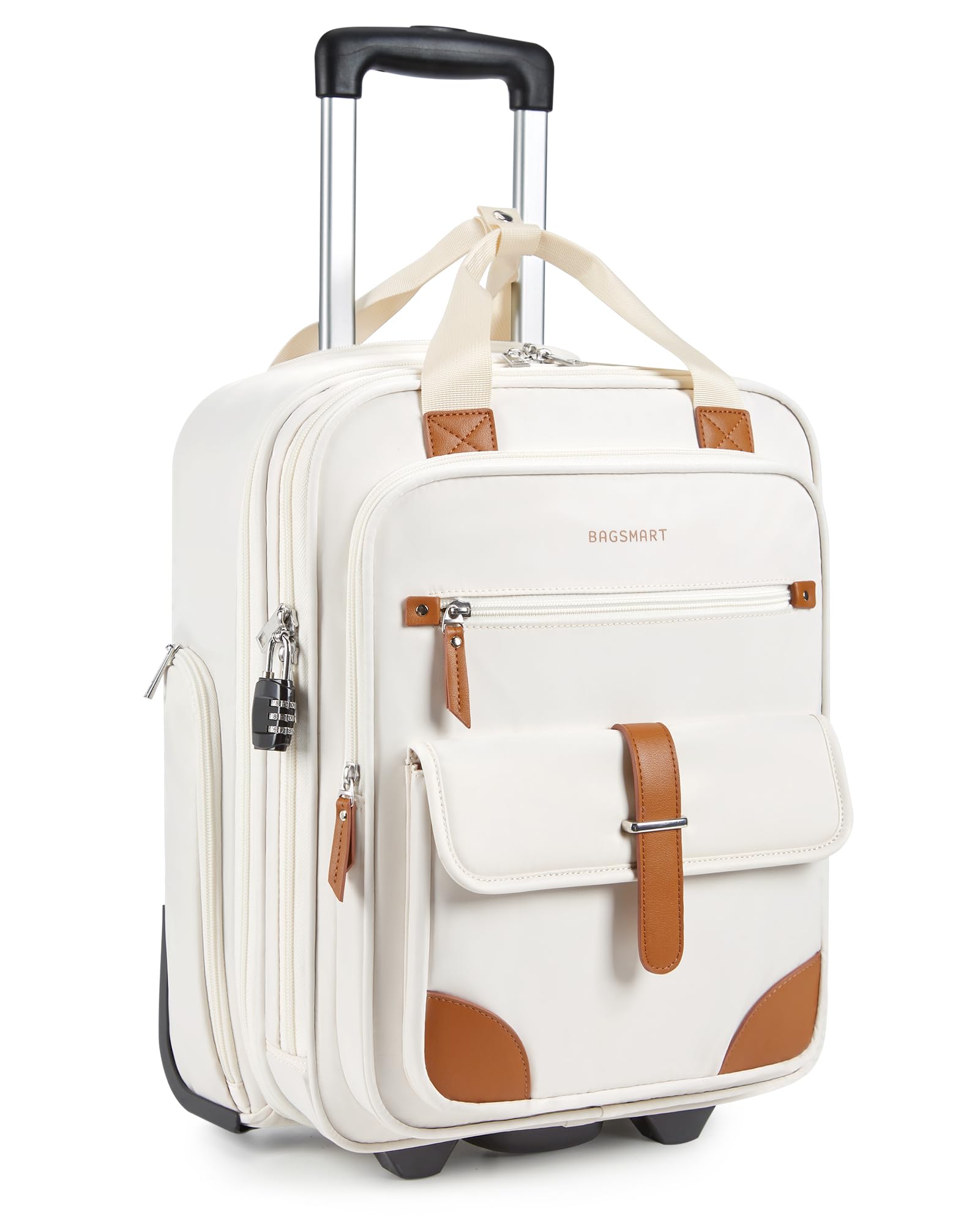 BAGSMART Carry on Luggage with Wheels, 16-inch Underseat Travel Suitcase Airline approved, Lightweight Softside Carry-on Luggage for Airplanes Women Overnight Rolling Bags for Short Trip, Cream