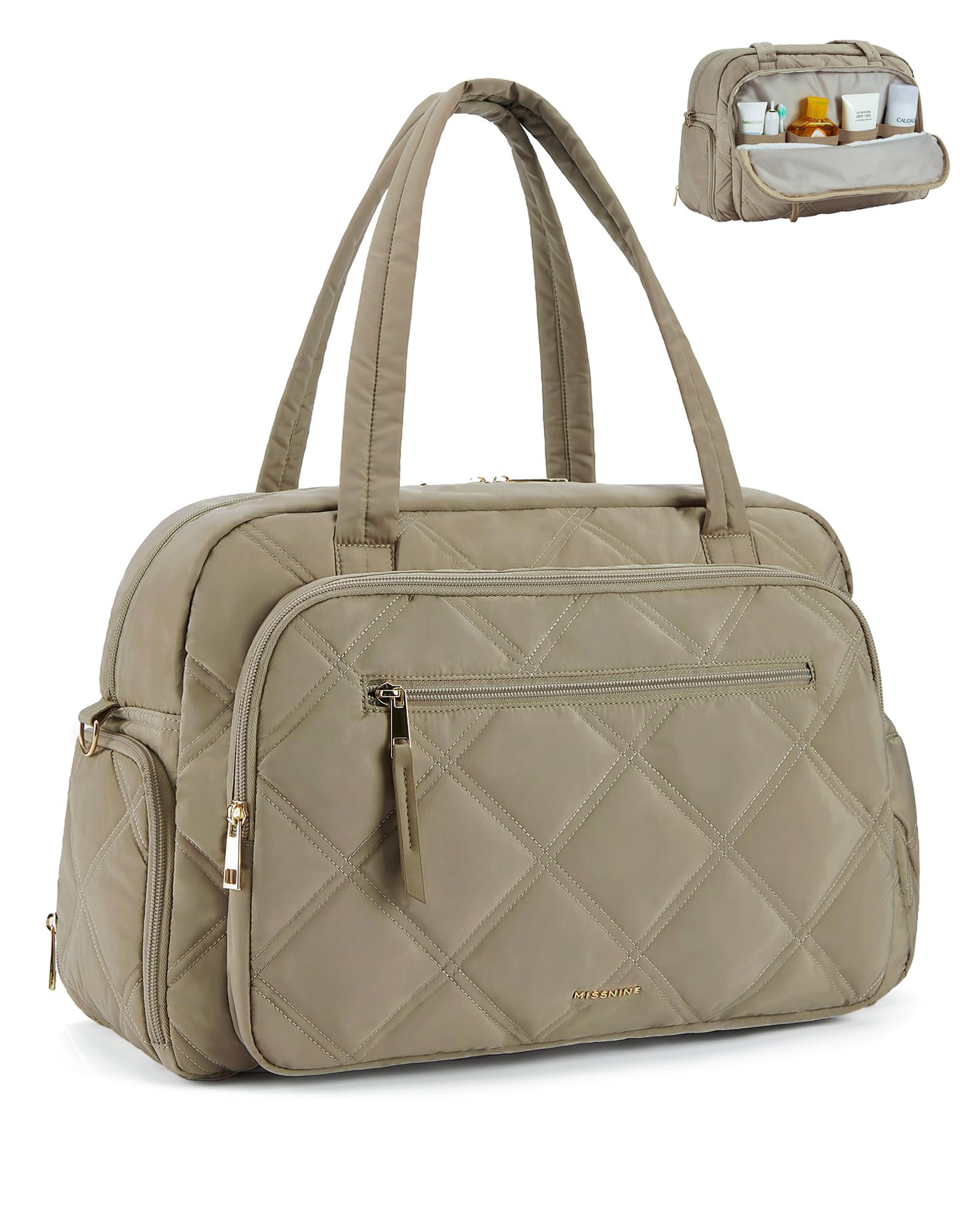 Missnine Small Gym Bag for Women, Quilted Duffle Bag for Travel with Toiletry Organizer Compartment, Weekender Bags Carry on for Airplane, Puffer Overnight Bag with Shoe Compartment, Camel