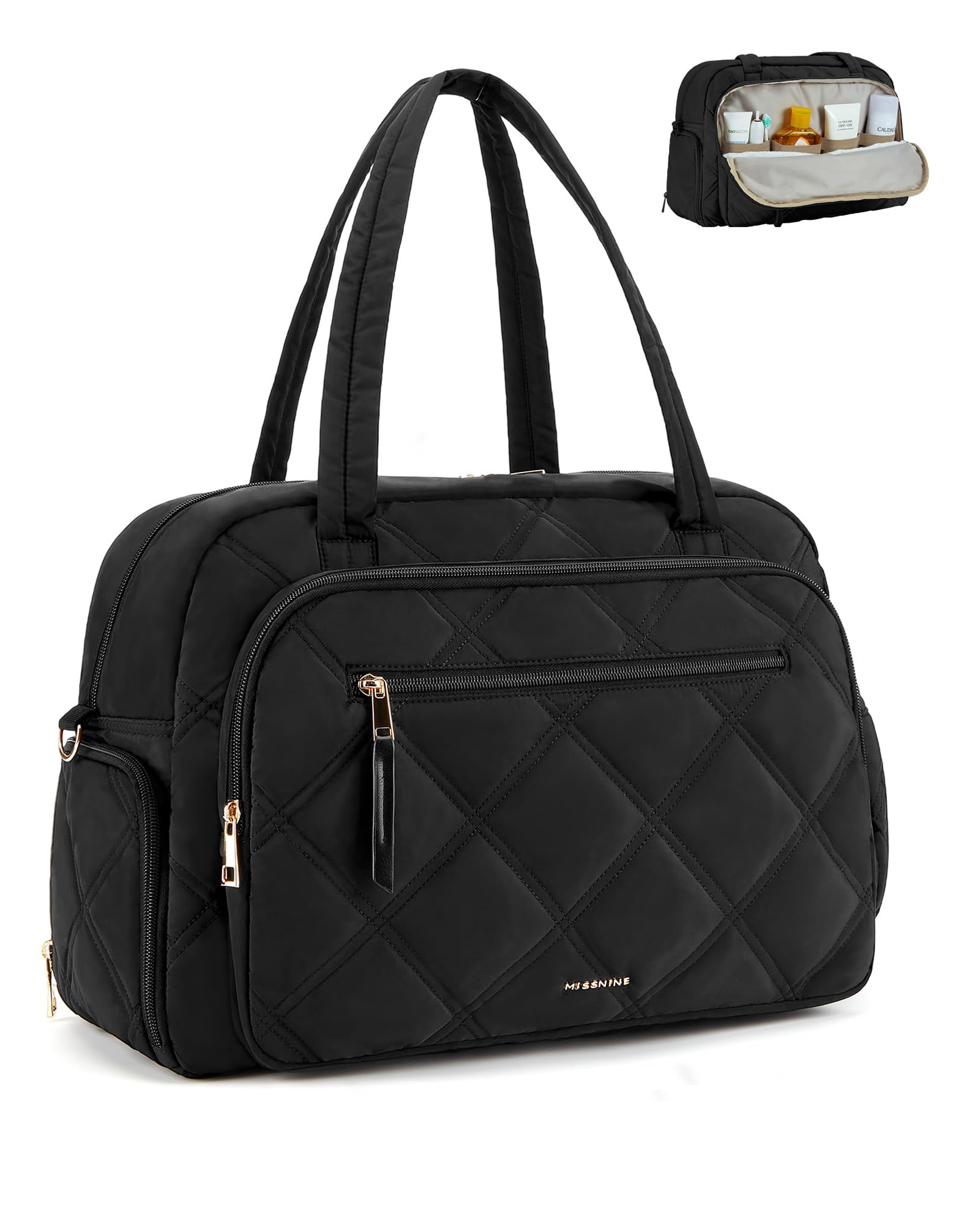Missnine Small Gym Bag for Women, Quilted Duffle Bag for Travel with Toiletry Organizer Compartment, Weekender Bags Carry on for Airplane, Puffer Overnight Bag with Shoe Compartment, Black