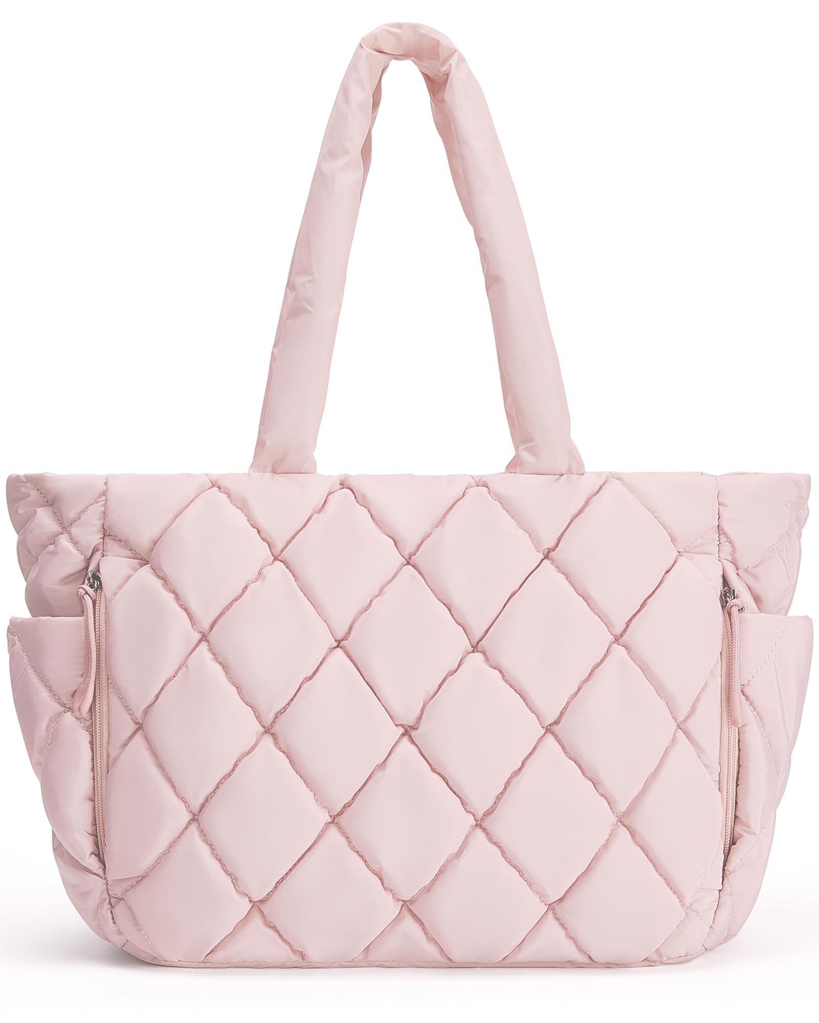 BAGSMART Tote Bag for Women, Quilted Puffer Tote Bag with Compartments, Shoulder Handbag Work Bag with Zipper for Travel, Pink