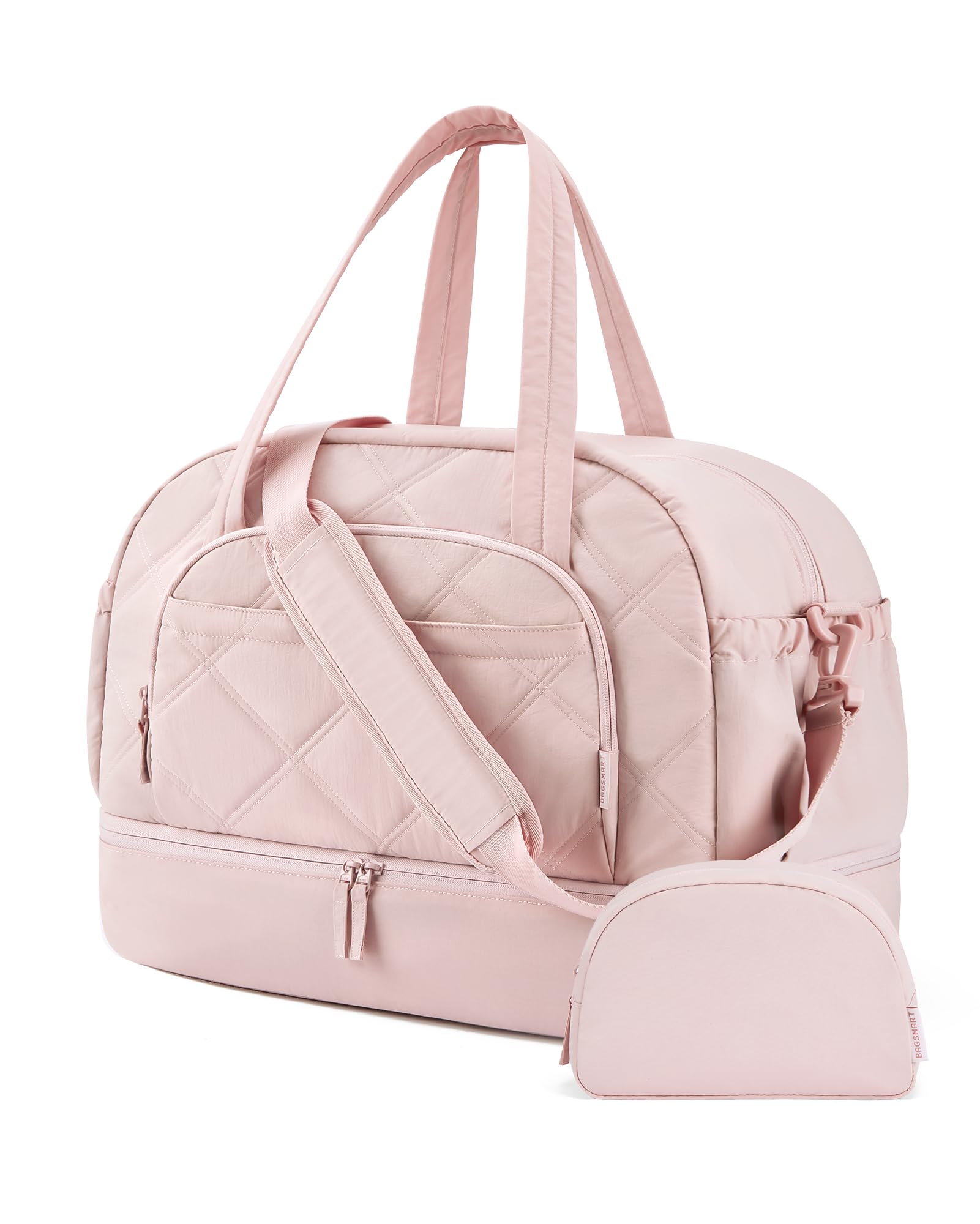 BAGSMART Weekender Bags for Women, Puffer Duffle Bag for Travel with Shoe Compartment, Lightweight Personalized Item Gym Bags for Women, Carry on Overnight Travel Bag for Sports, Hospitall, Pink