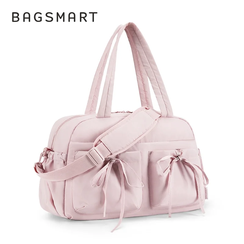 BAGSMART Travel Duffel Bag for Women, Carry on Weekender Bags with Bowtie, Water Resistant Workout Bag Sports, Pink