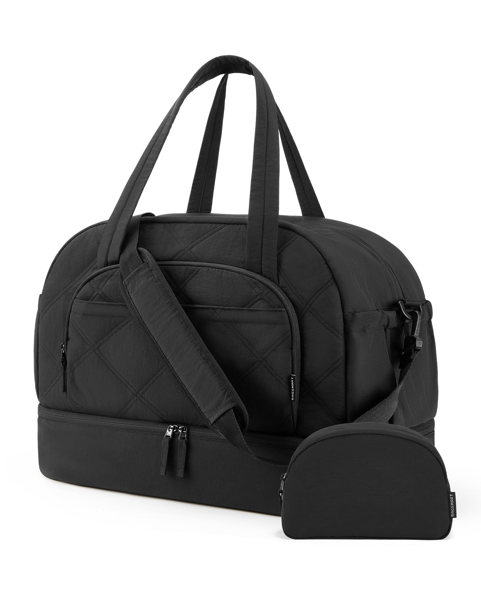 BAGSMART Weekender Bags for Women, Puffer Duffle Bag for Travel with Shoe Compartment, Lightweight Personalized Item Gym Bags for Women, Carry on Overnight Travel Bag for Sports, Hospitall, Black