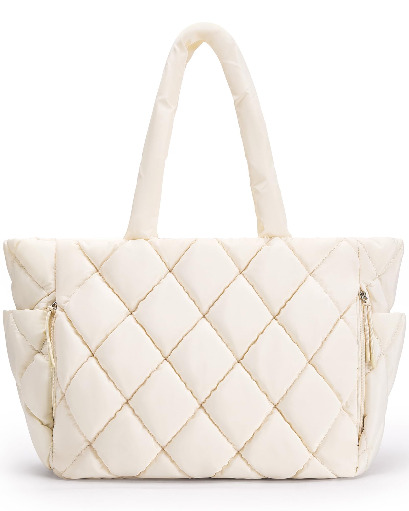 BAGSMART Tote Bag for Women, Quilted Puffer Tote Bag with Compartments, Shoulder Handbag Work Bag with Zipper for Travel, Cream