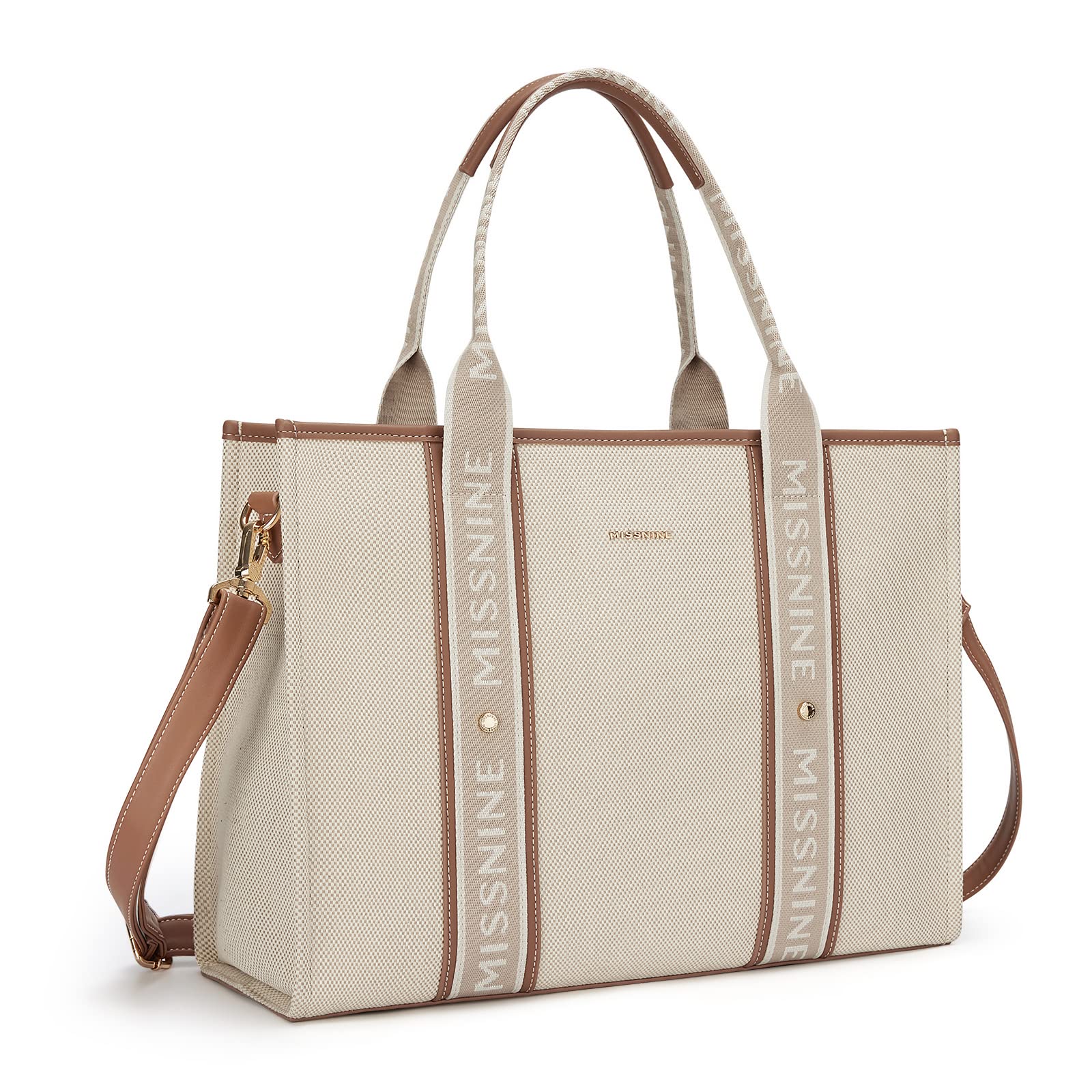 MISSNINE Tote Bag Canvas Laptop Bag 15.6 inch Briefcase for Women Large Capacity Handbag for Office, School, Travel, Logo Jacquard Brown