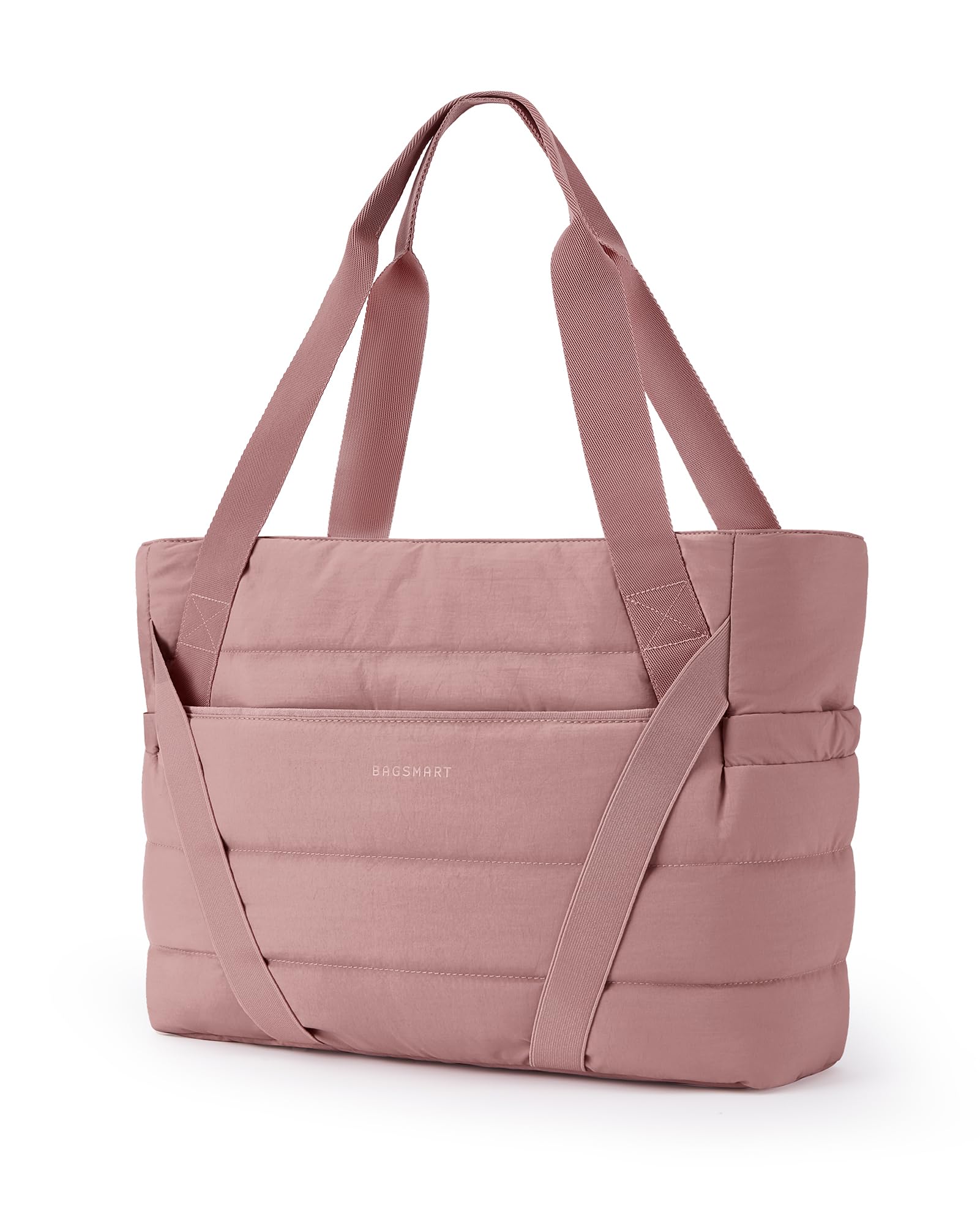BAGSMART Tote Bag for Women with Zipper, Quilted Tote Bag Gym Tote with Yoga Mat Straps for Travel Sport, Dark Pink