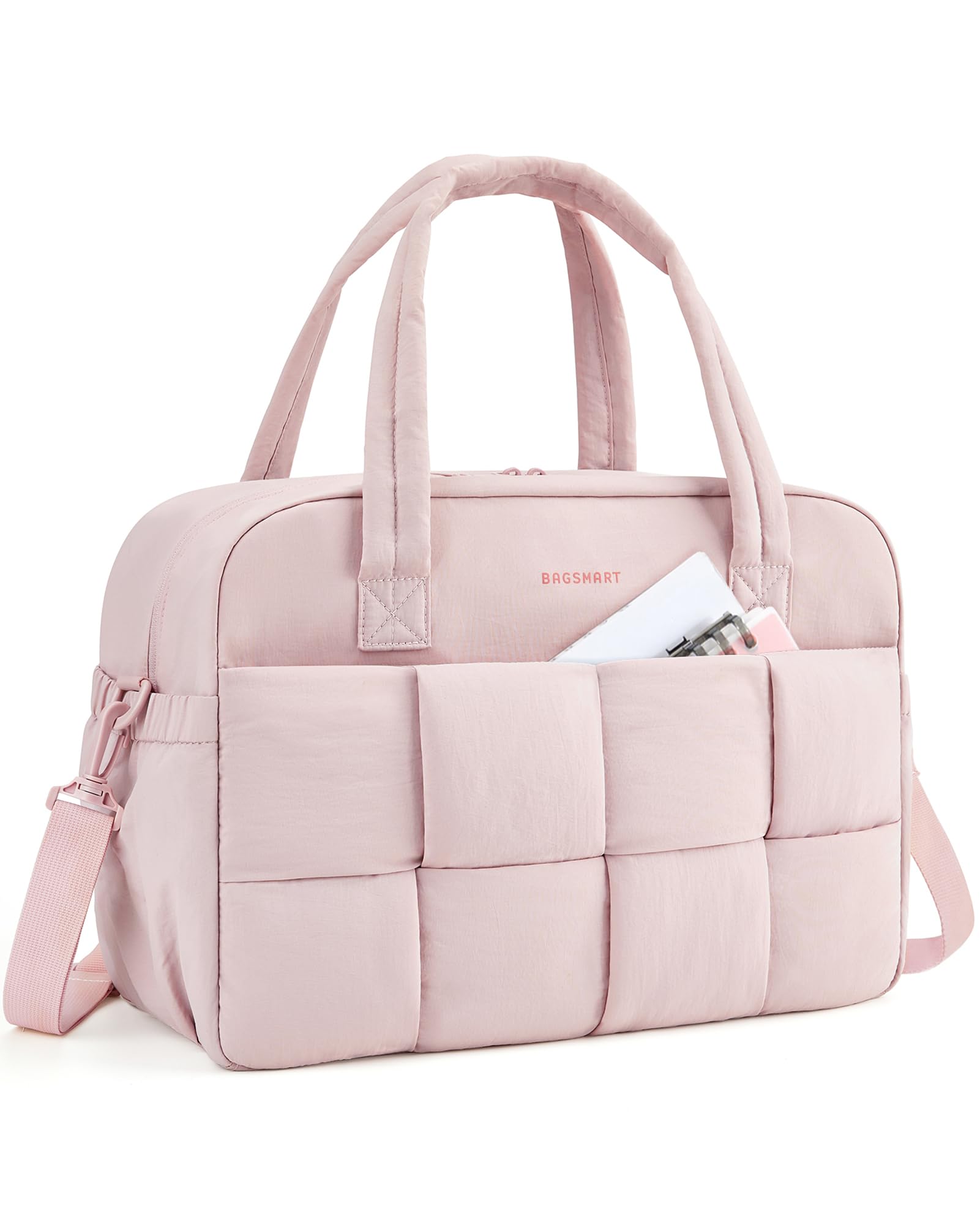 BAGSMART Duffle Bag for Women, Puffer Travel Bag for Travel with Laptop Compartment, Weekender Bags for Women, Carry On Duffel Bag Personal Item Bag, Baby Pink