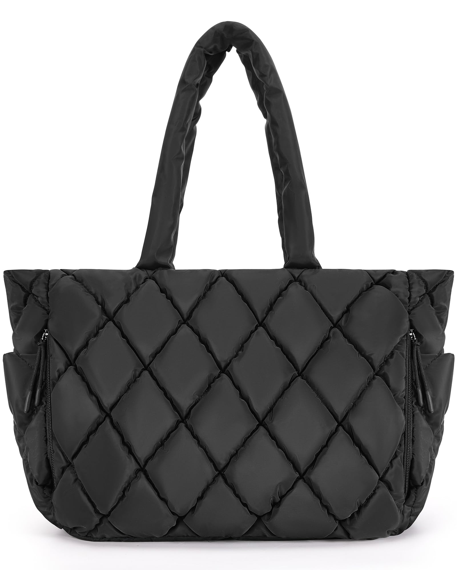 BAGSMART Tote Bag for Women, Quilted Puffer Tote Bag with Compartments, Shoulder Handbag Work Bag with Zipper for Travel, Black