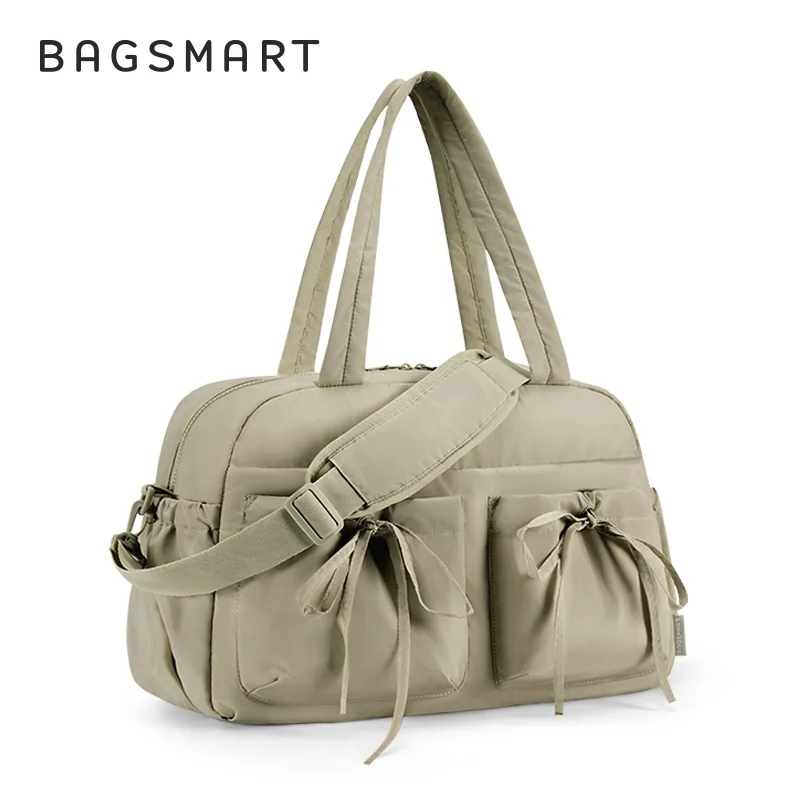 BAGSMART Travel Duffel Bag for Women, Carry on Weekender Bags with Bowtie, Water Resistant Workout Bag Sports, Camel