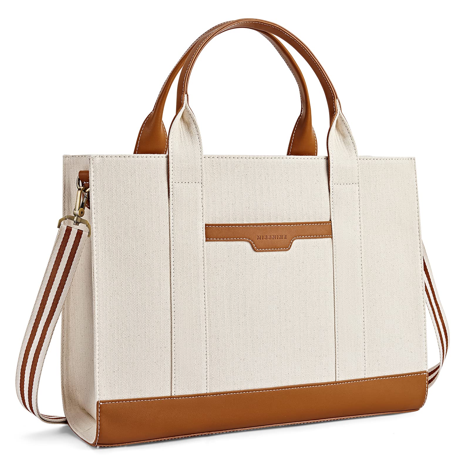 MISSNINE Tote Bag Canvas Laptop Bag 15.6 inch Briefcase for Women Large Capacity Handbag for Office, School, Travel, Classic Brown